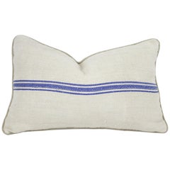 Antique Nubby 19th Century European Blue Stripe Grain Sack Pillows