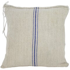 Antique Nubby 19th Century European Blue Stripe Grain Sack Pillows