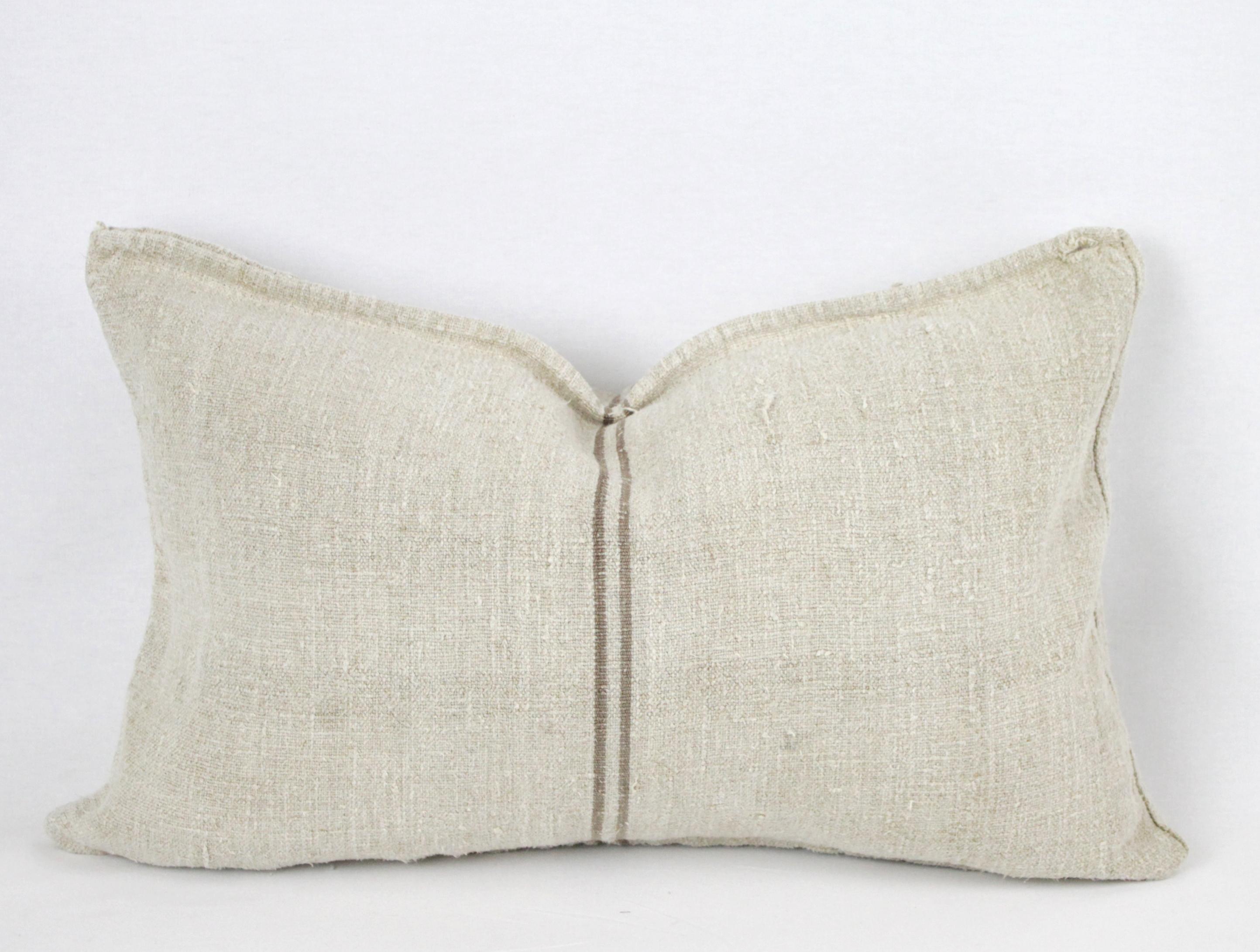 Antique Nubby 19th Century European Brown Stripe Grain Sack Pillows 6