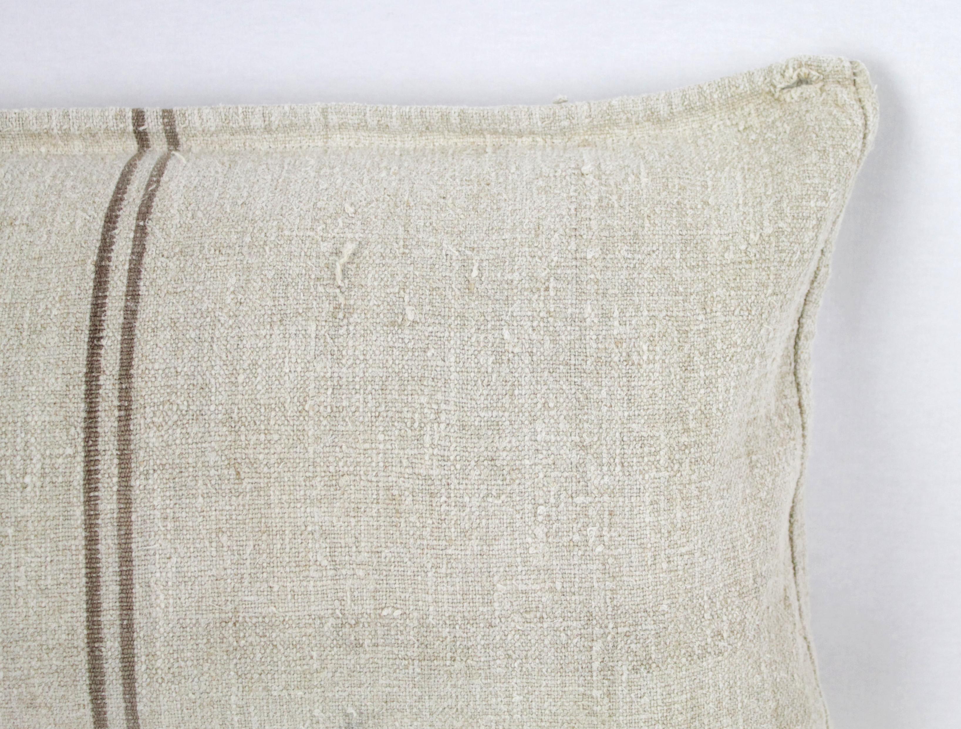 Belgian Antique Nubby 19th Century European Brown Stripe Grain Sack Pillows