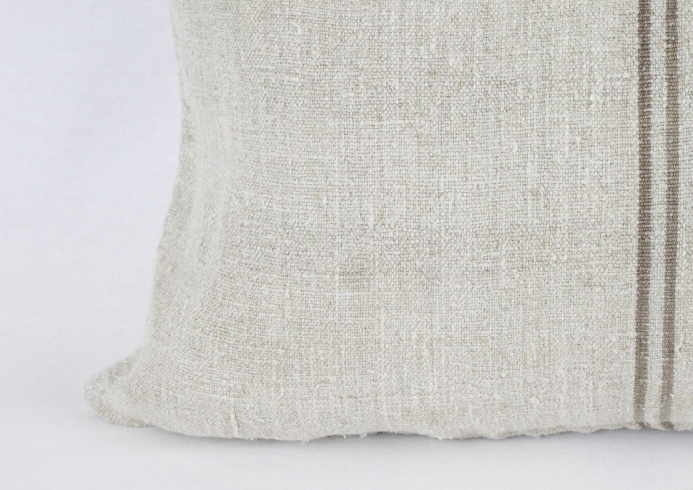 Antique Nubby 19th Century European Brown Stripe Grain Sack Pillows In Good Condition In Brea, CA
