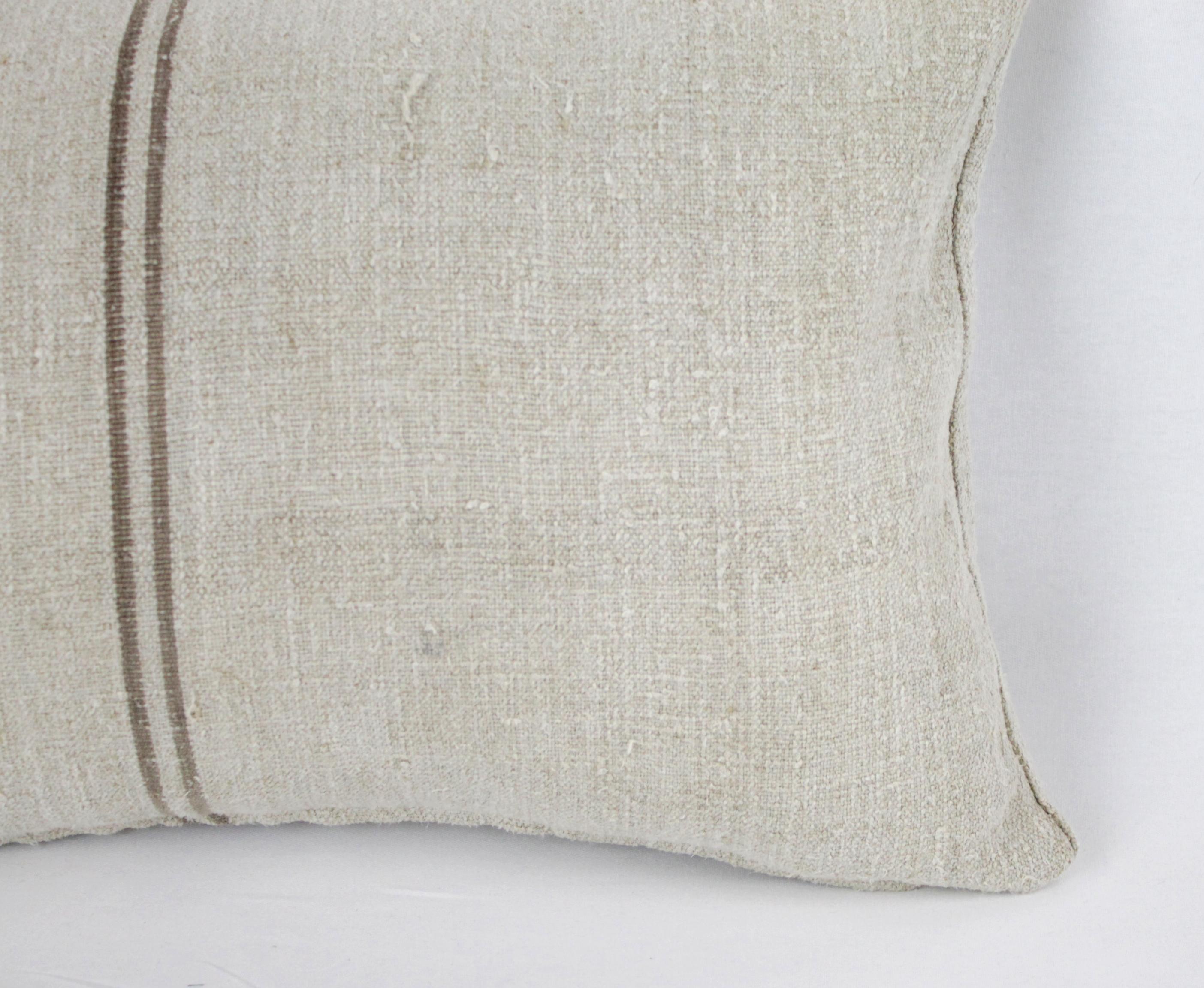 Linen Antique Nubby 19th Century European Brown Stripe Grain Sack Pillows