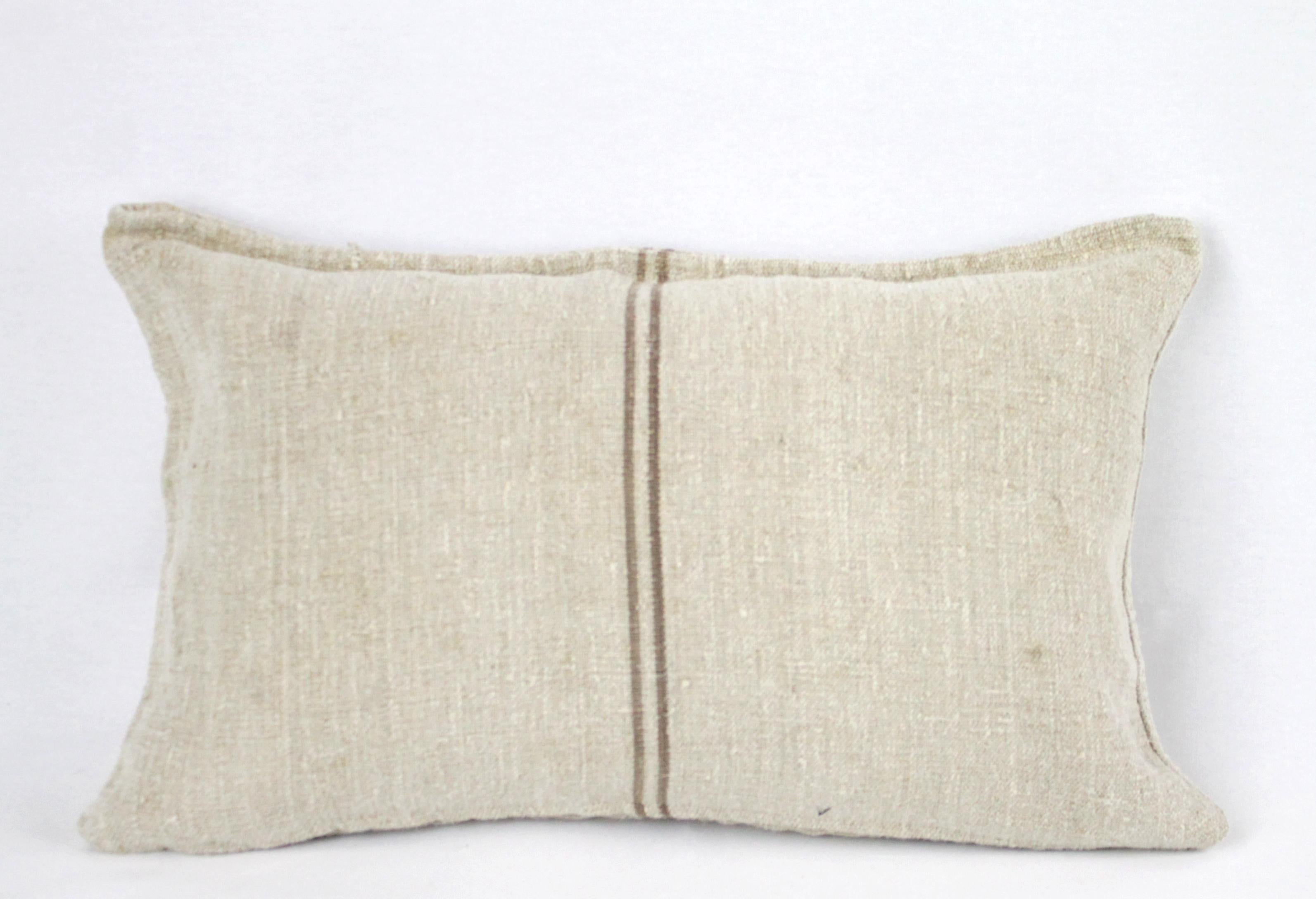 Antique Nubby 19th Century European Brown Stripe Grain Sack Pillows 1