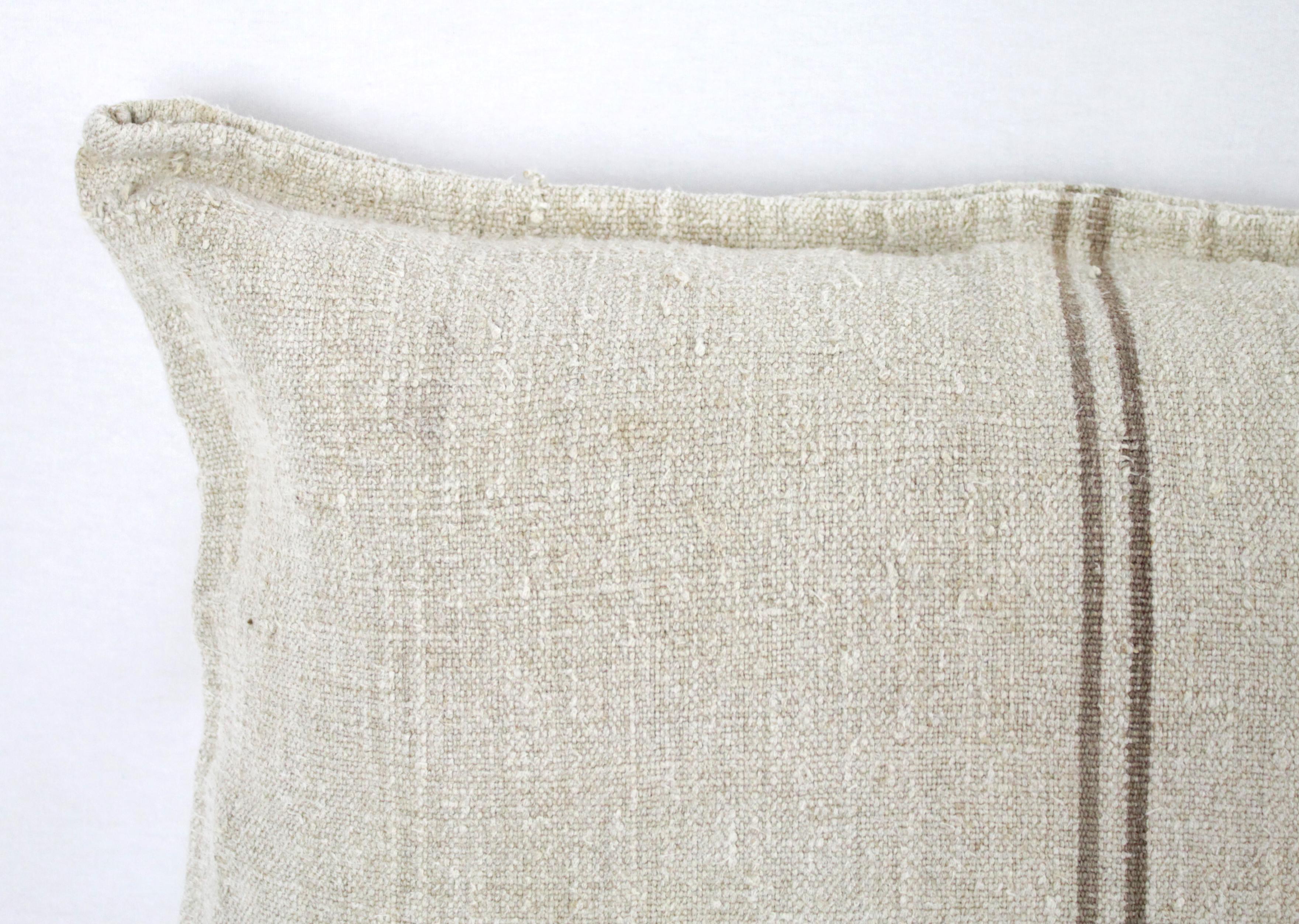 Antique Nubby 19th Century European Brown Stripe Grain Sack Pillows 2