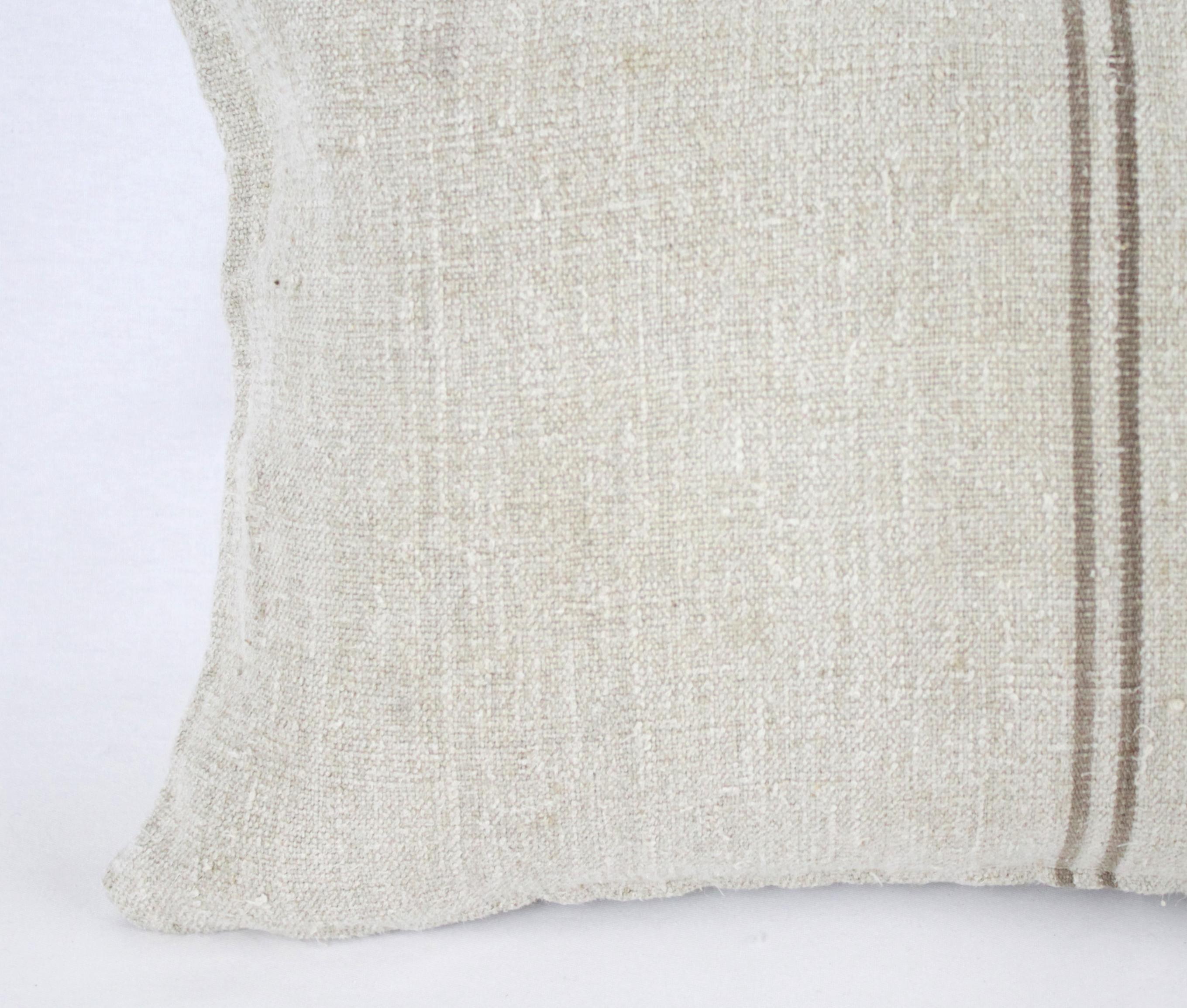 Antique Nubby 19th Century European Brown Stripe Grain Sack Pillows 4