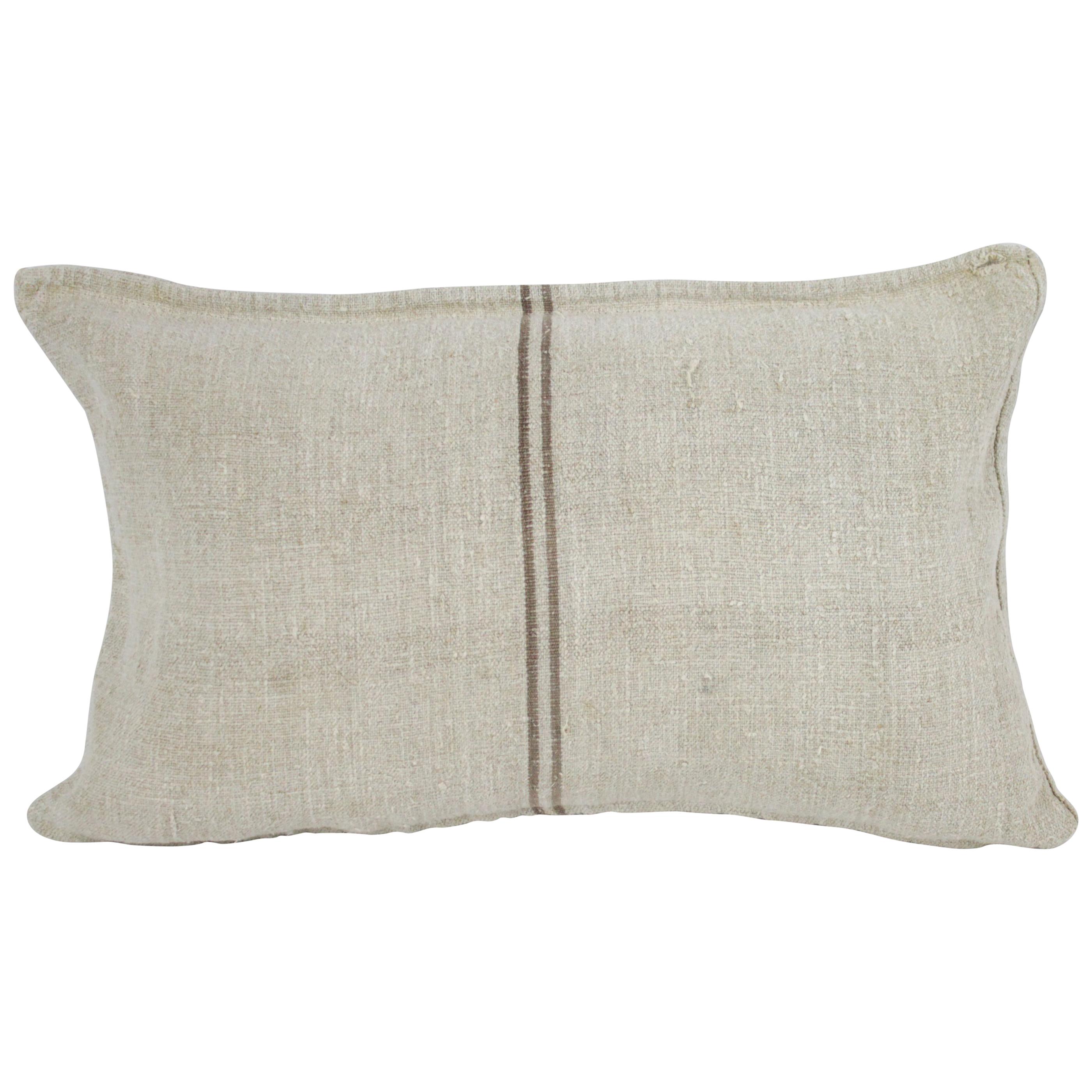 Antique Nubby 19th Century European Brown Stripe Grain Sack Pillows