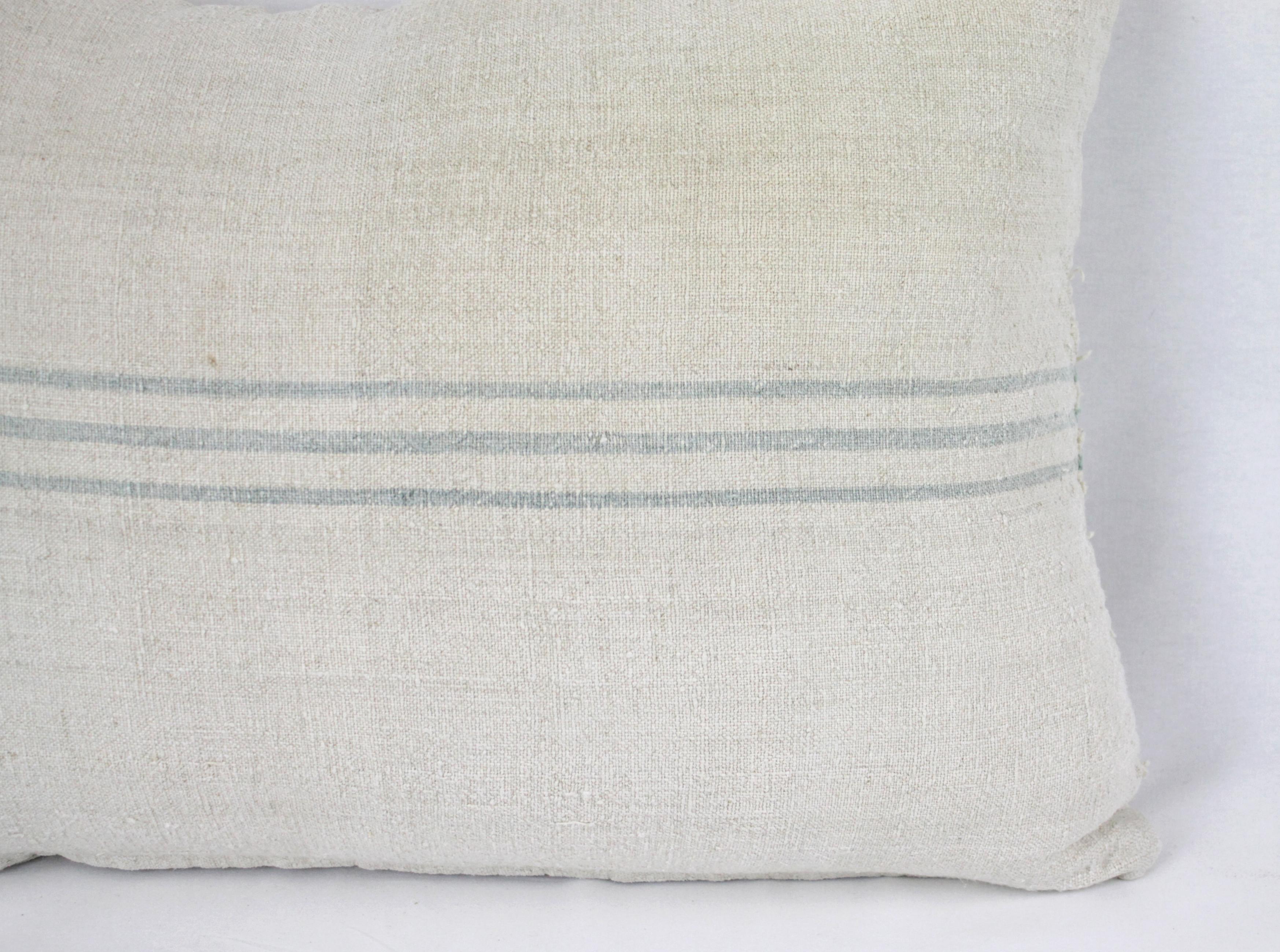 Antique Nubby 19th Century European Light Green/Grey Stripe Grain Sack Pillows 5