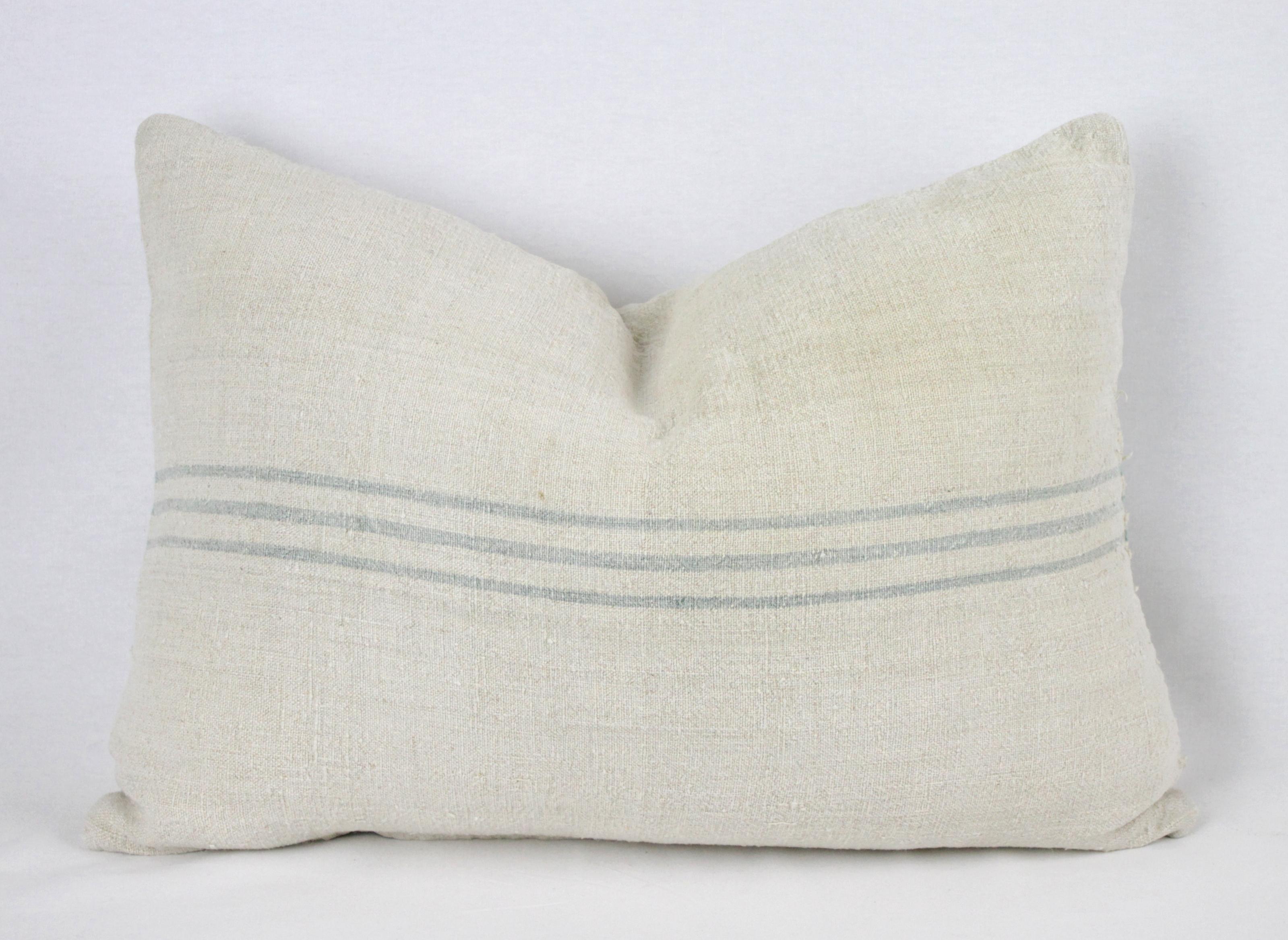 Antique Nubby 19th Century European Light Green/Grey Stripe Grain Sack Pillows 6
