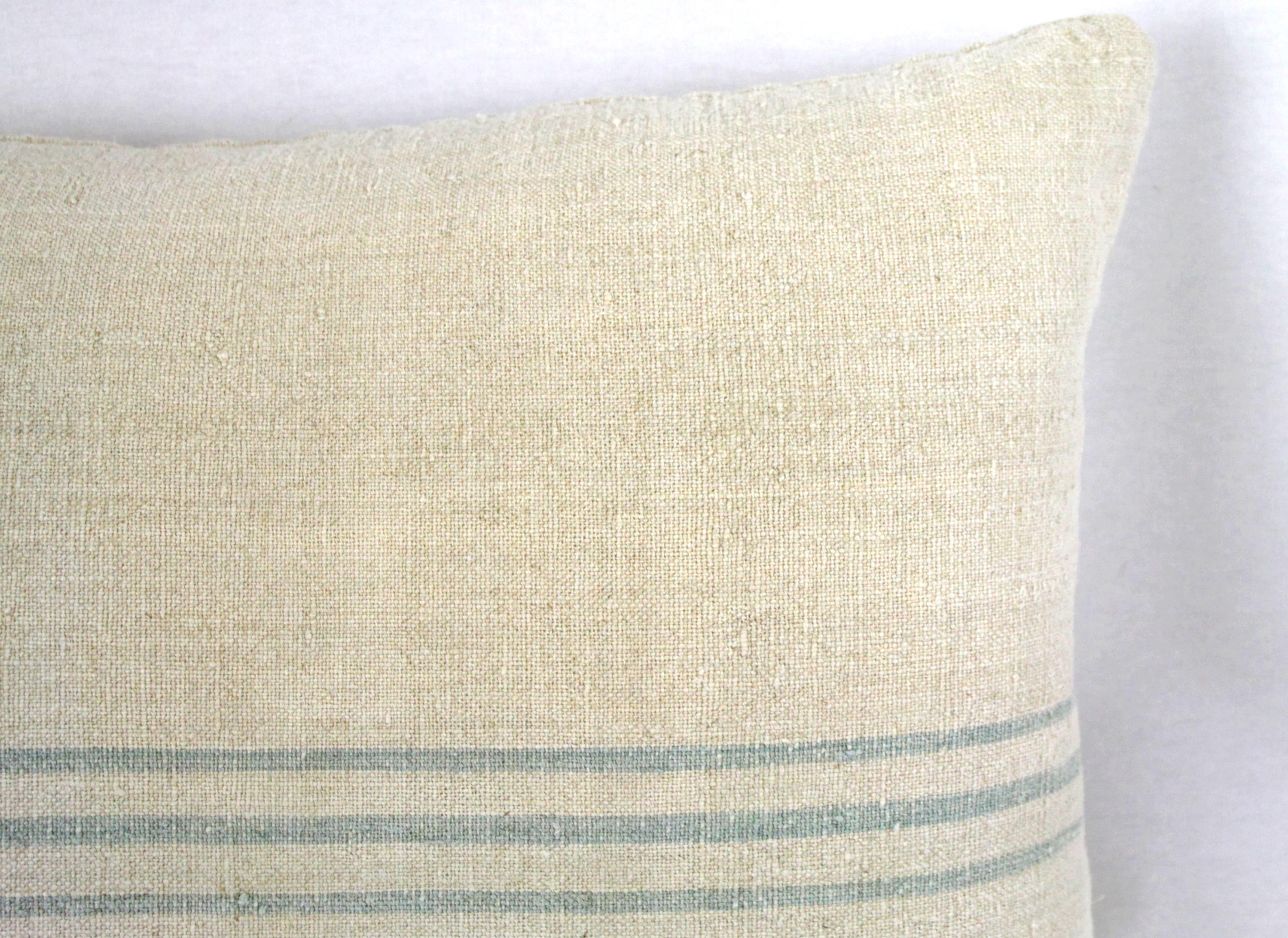 Belgian Antique Nubby 19th Century European Light Green/Grey Stripe Grain Sack Pillows