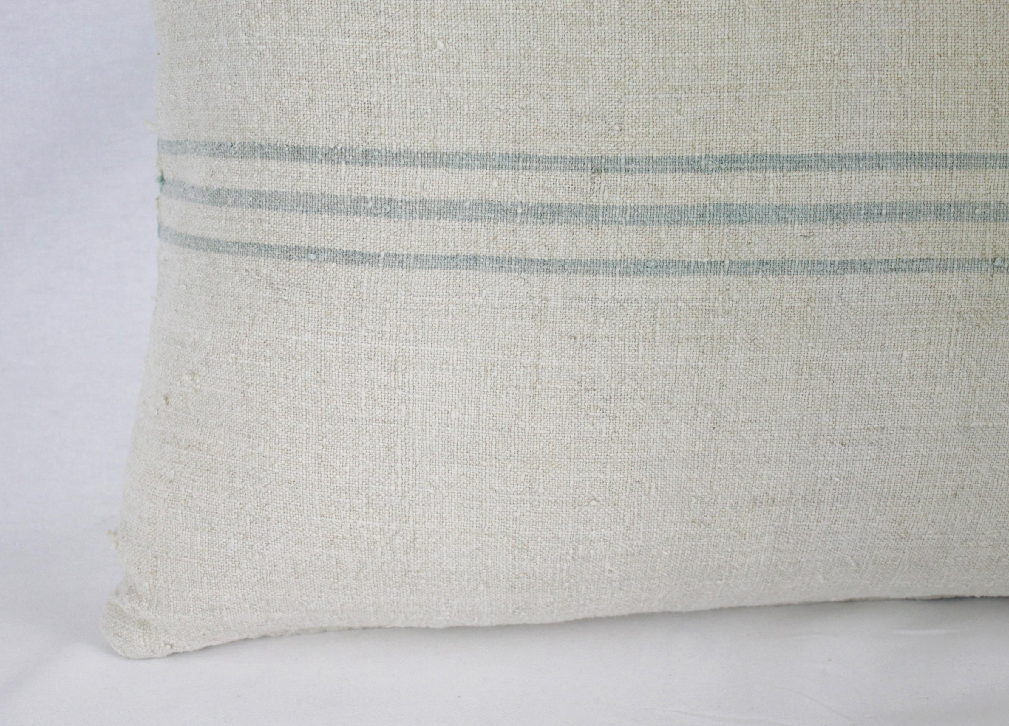 Antique Nubby 19th Century European Light Green/Grey Stripe Grain Sack Pillows In Good Condition In Brea, CA