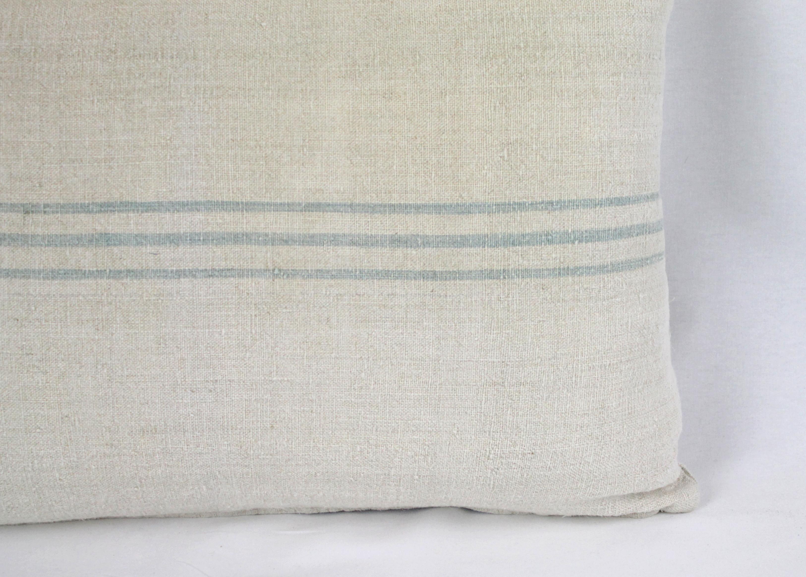 Linen Antique Nubby 19th Century European Light Green/Grey Stripe Grain Sack Pillows