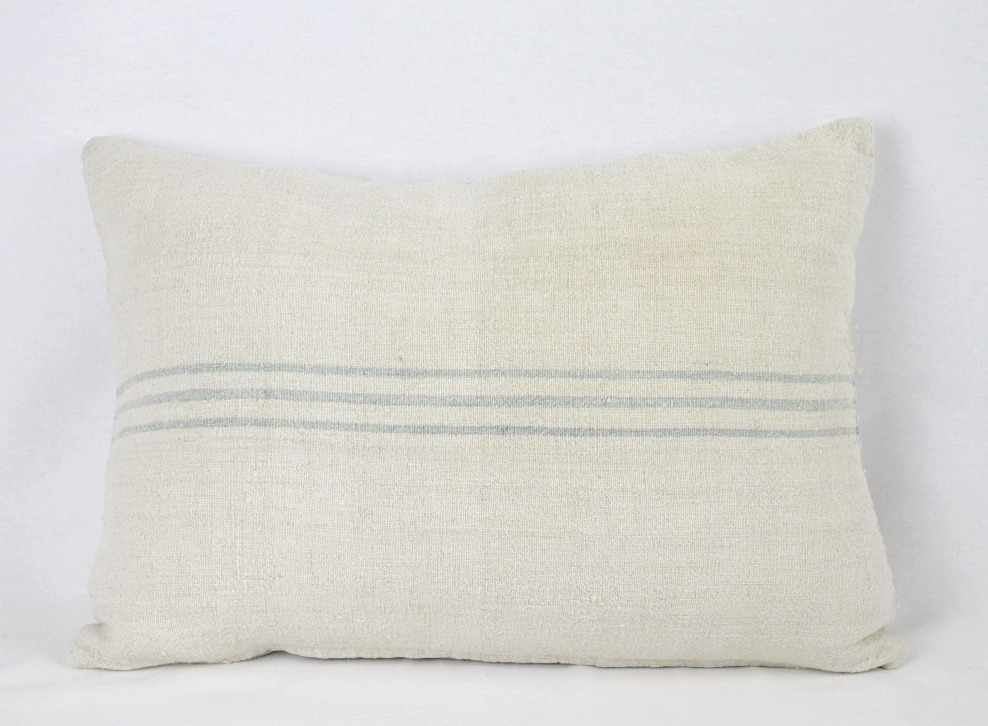 Antique Nubby 19th Century European Light Green/Grey Stripe Grain Sack Pillows 1