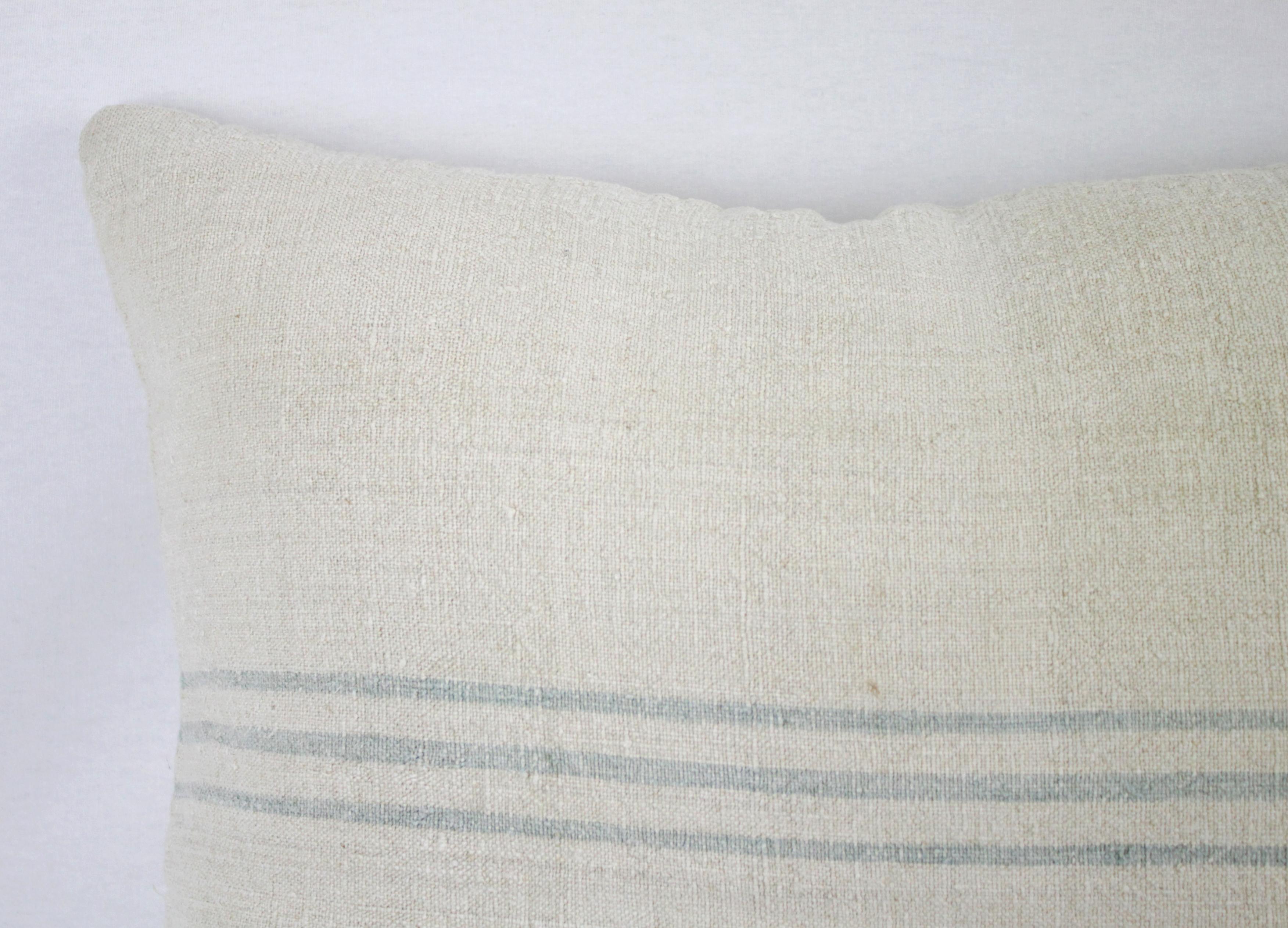 Antique Nubby 19th Century European Light Green/Grey Stripe Grain Sack Pillows 2