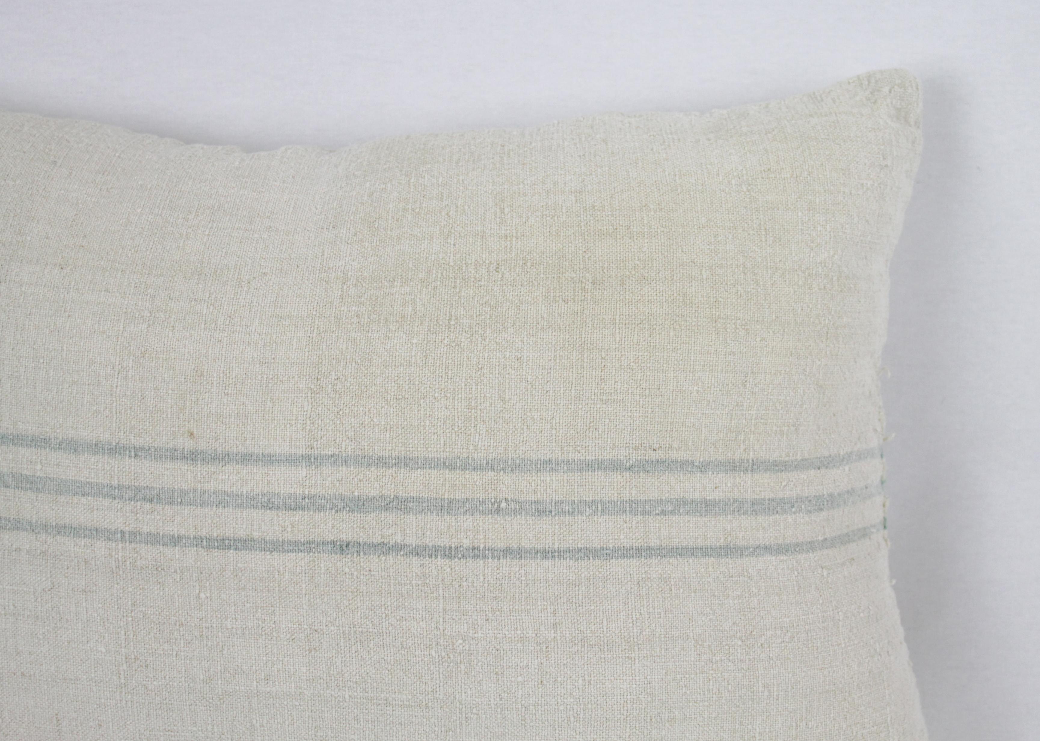Antique Nubby 19th Century European Light Green/Grey Stripe Grain Sack Pillows 3