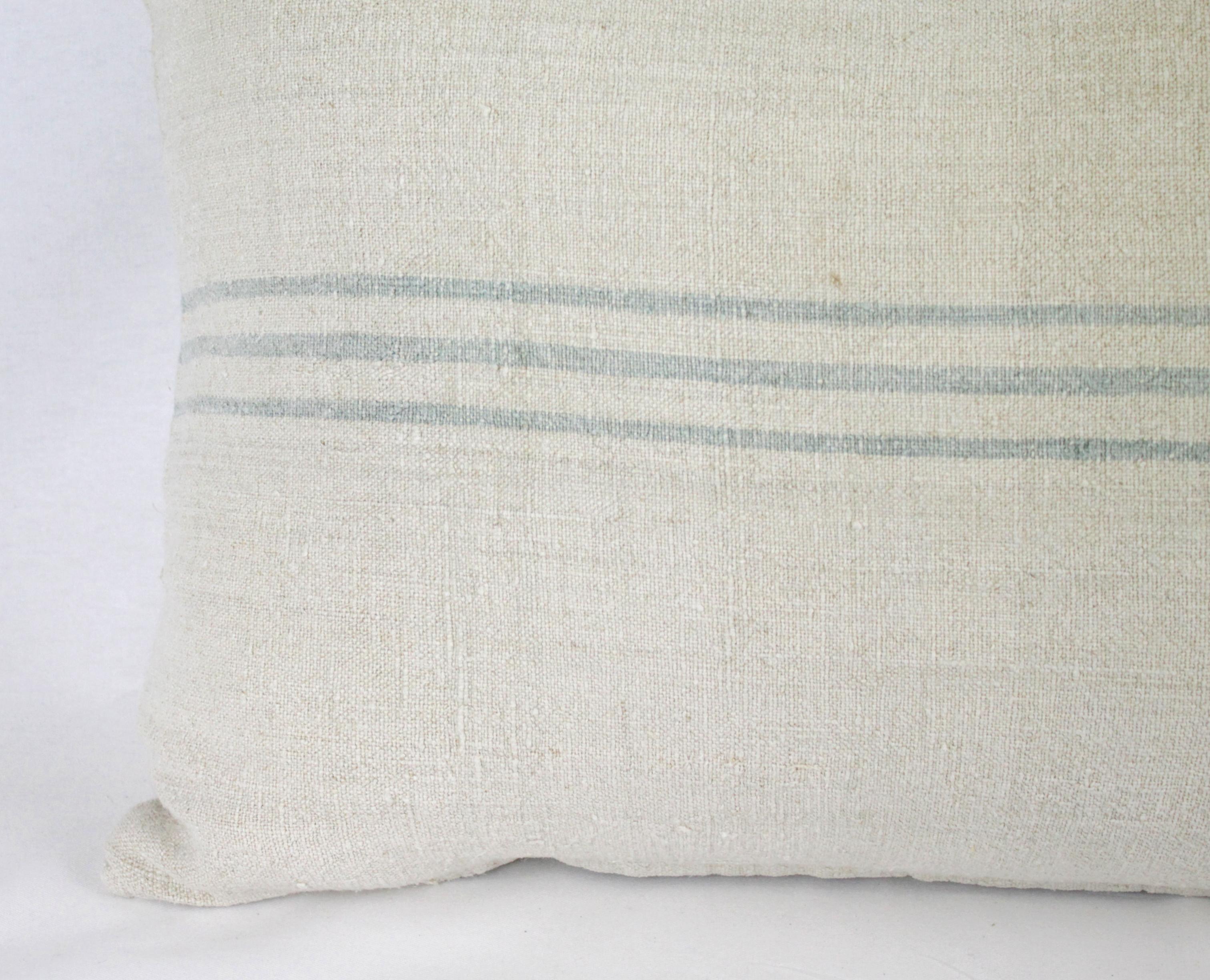 Antique Nubby 19th Century European Light Green/Grey Stripe Grain Sack Pillows 4