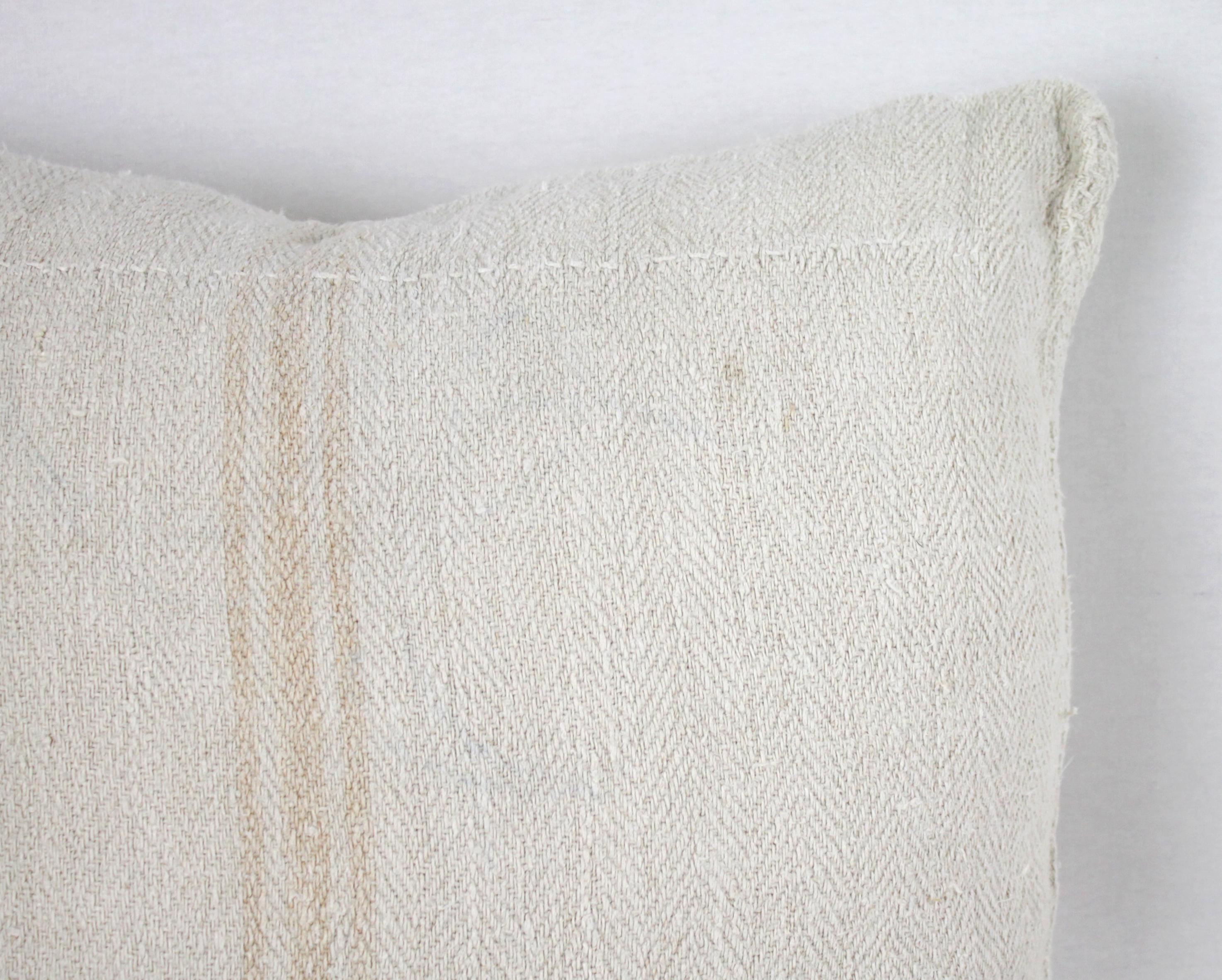 Antique Nubby 19th Century European Light Orange Stripe Grain Sack Pillows 3