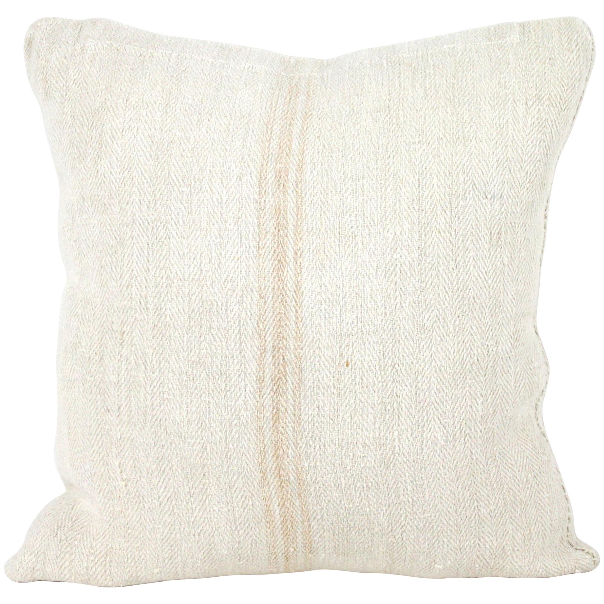 Antique Nubby 19th Century European Light Orange Stripe Grain Sack Pillows