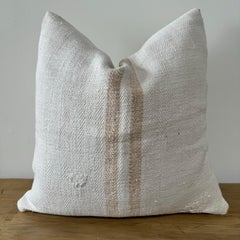 Antique Nubby 19th Century European Orange Stripe Grain Sack Pillows