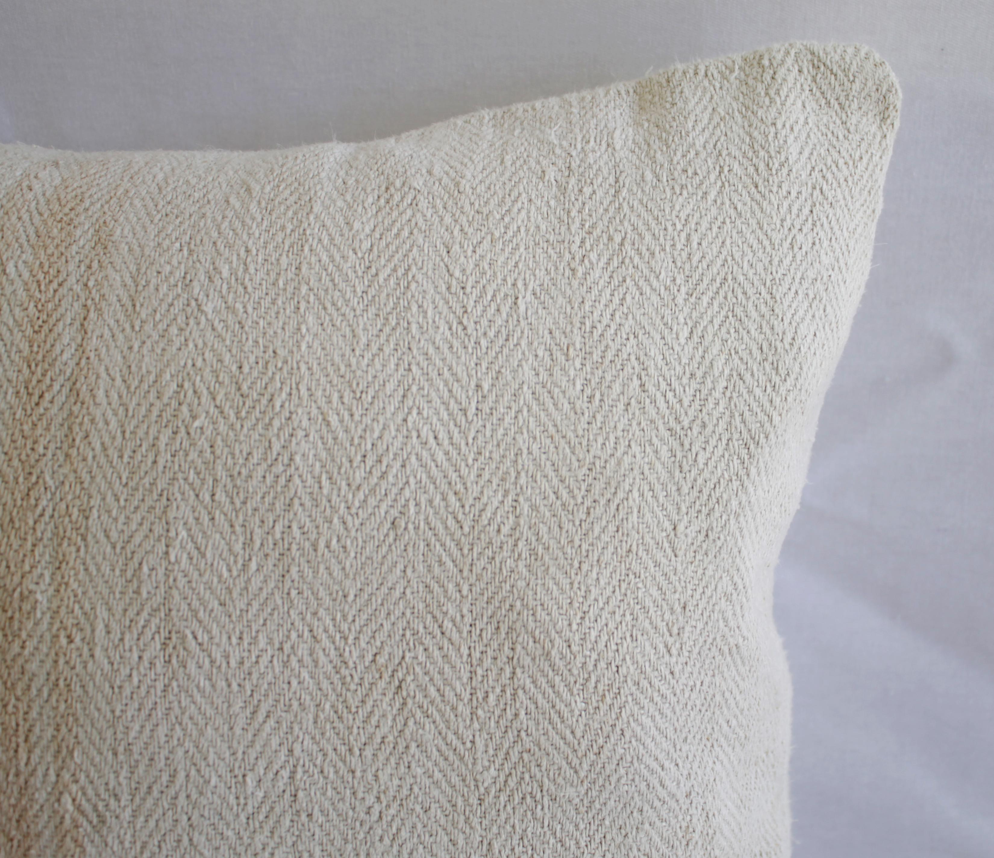 Antique Nubby 19th Century European Orange Stripe Grain Sack Pillows In Good Condition In Brea, CA