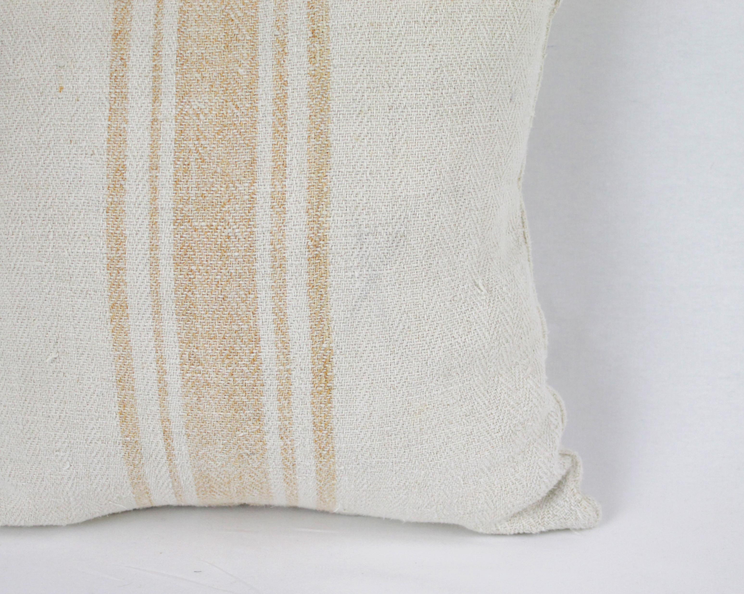 Linen Antique Nubby 19th Century European Orange Stripe Grain Sack Pillows