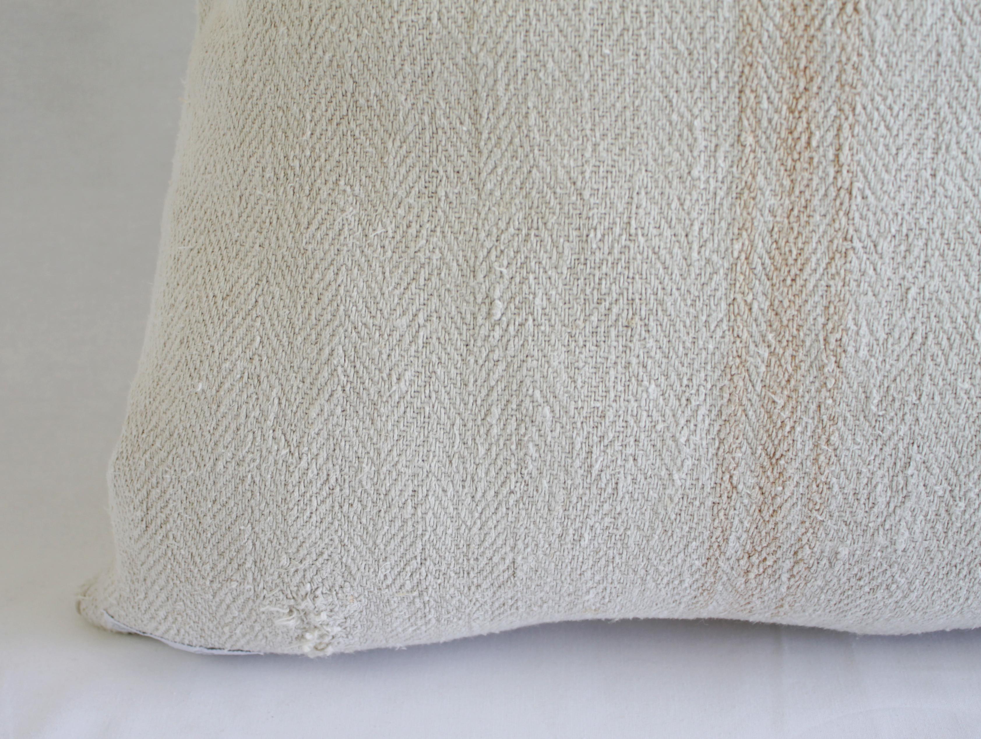 Hemp Antique Nubby 19th Century European Orange Stripe Grain Sack Pillows