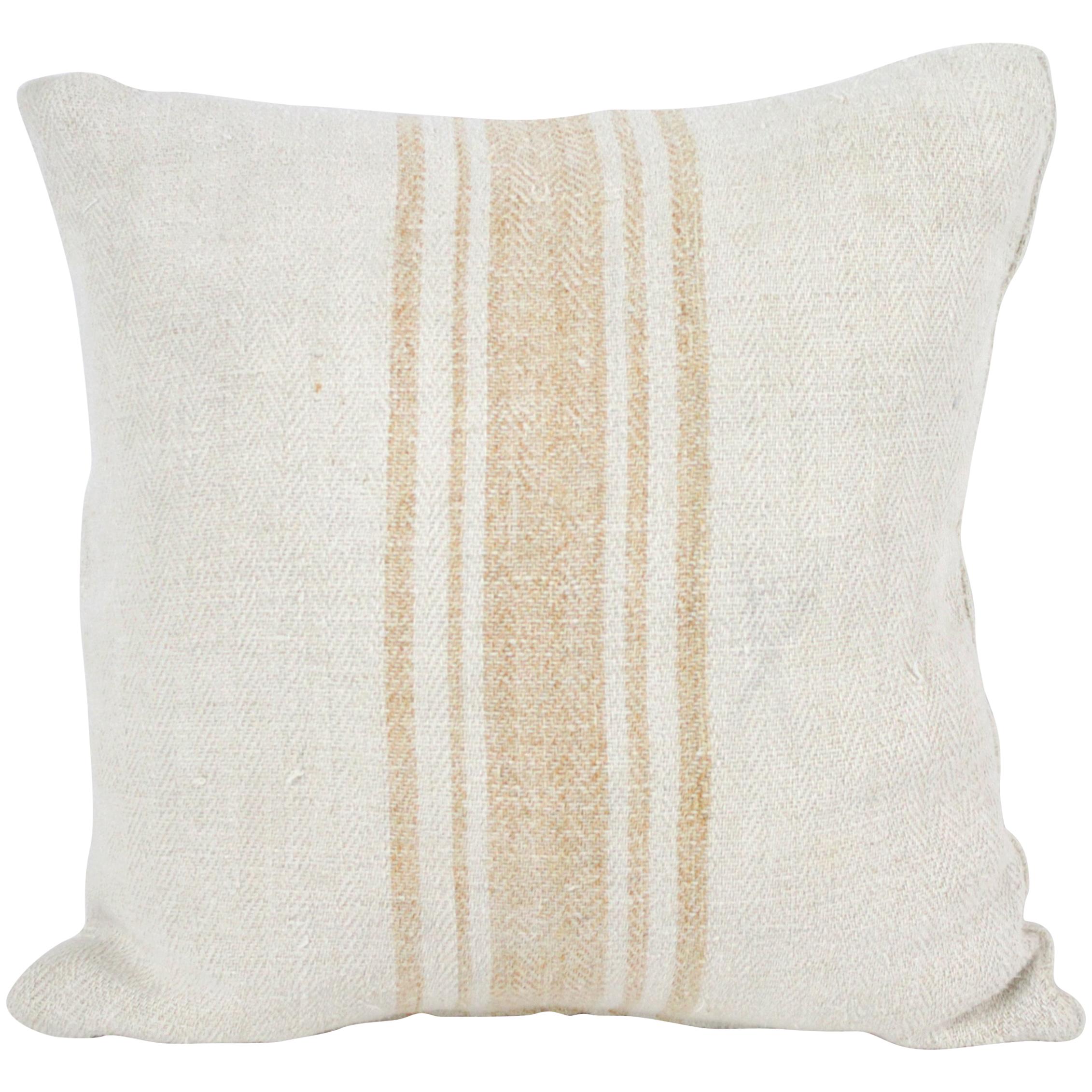 Antique Nubby 19th Century European Orange Stripe Grain Sack Pillows