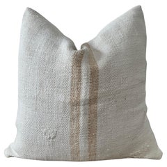 Antique Nubby 19th Century European Orange Stripe Grain Sack Pillows