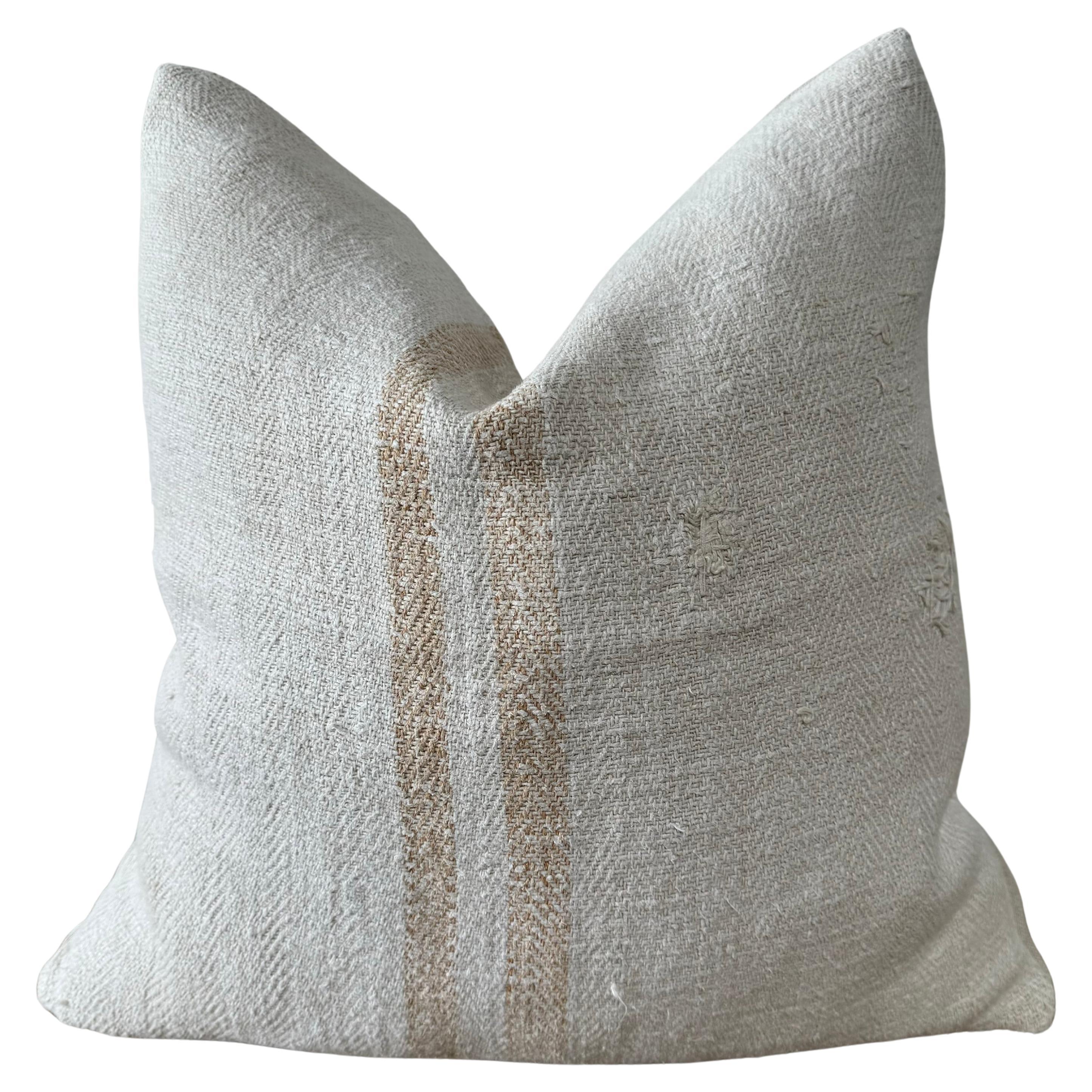 Antique Nubby 19th Century European Orange Stripe Grain Sack Pillows
