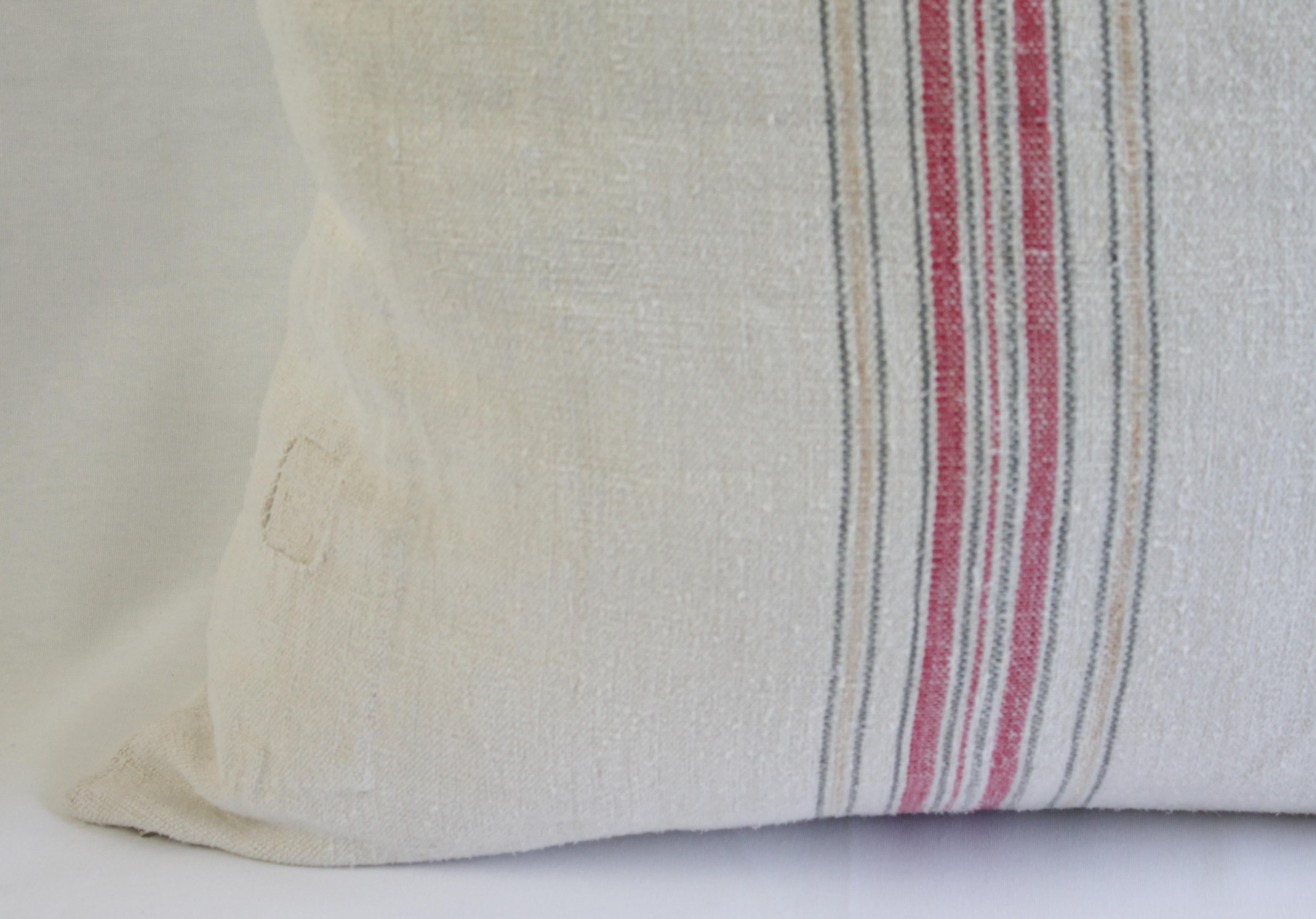 Antique Nubby 19th Century European Red and Tan Stripe Grain Sack Pillows 6