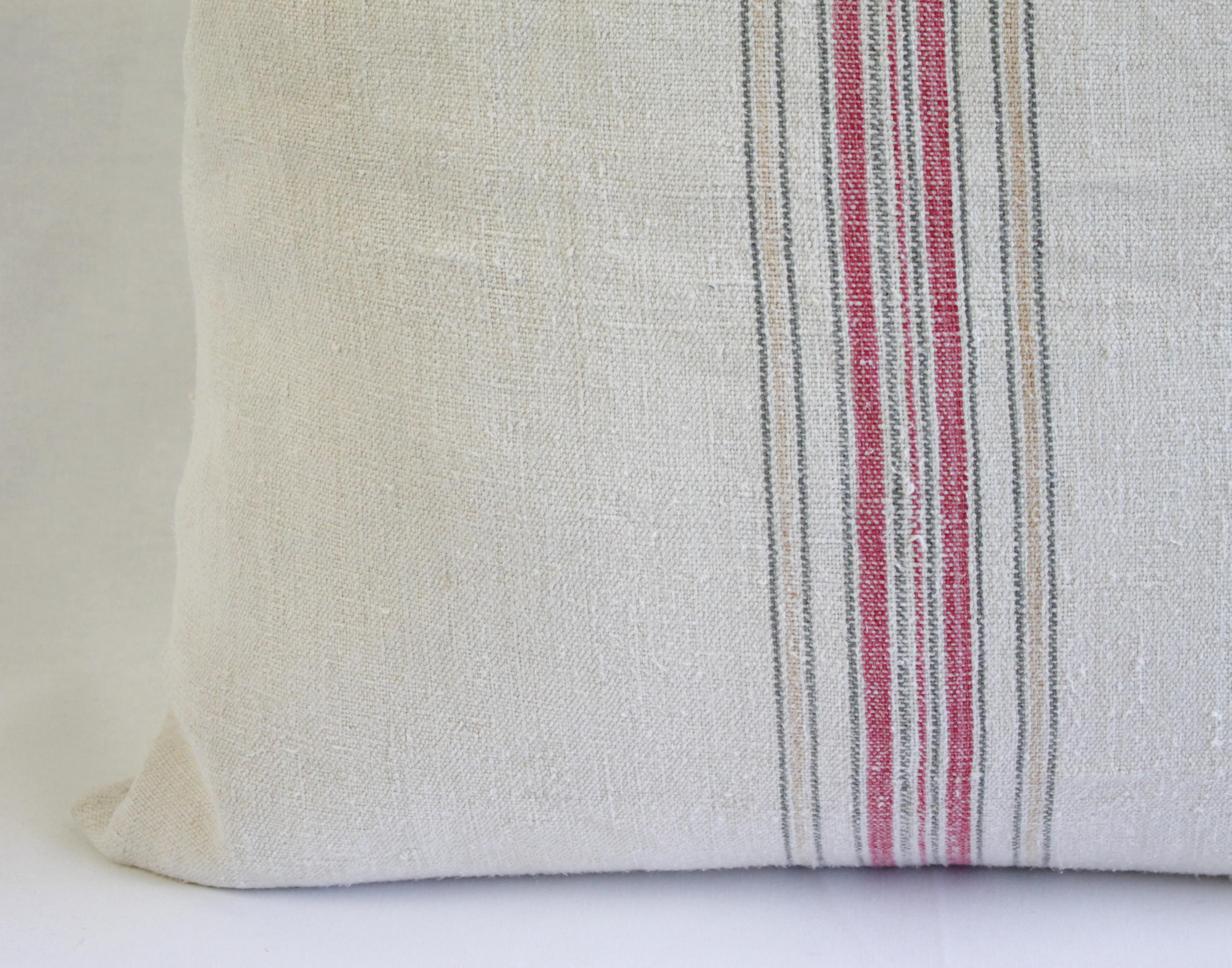 Linen Antique Nubby 19th Century European Red and Tan Stripe Grain Sack Pillows