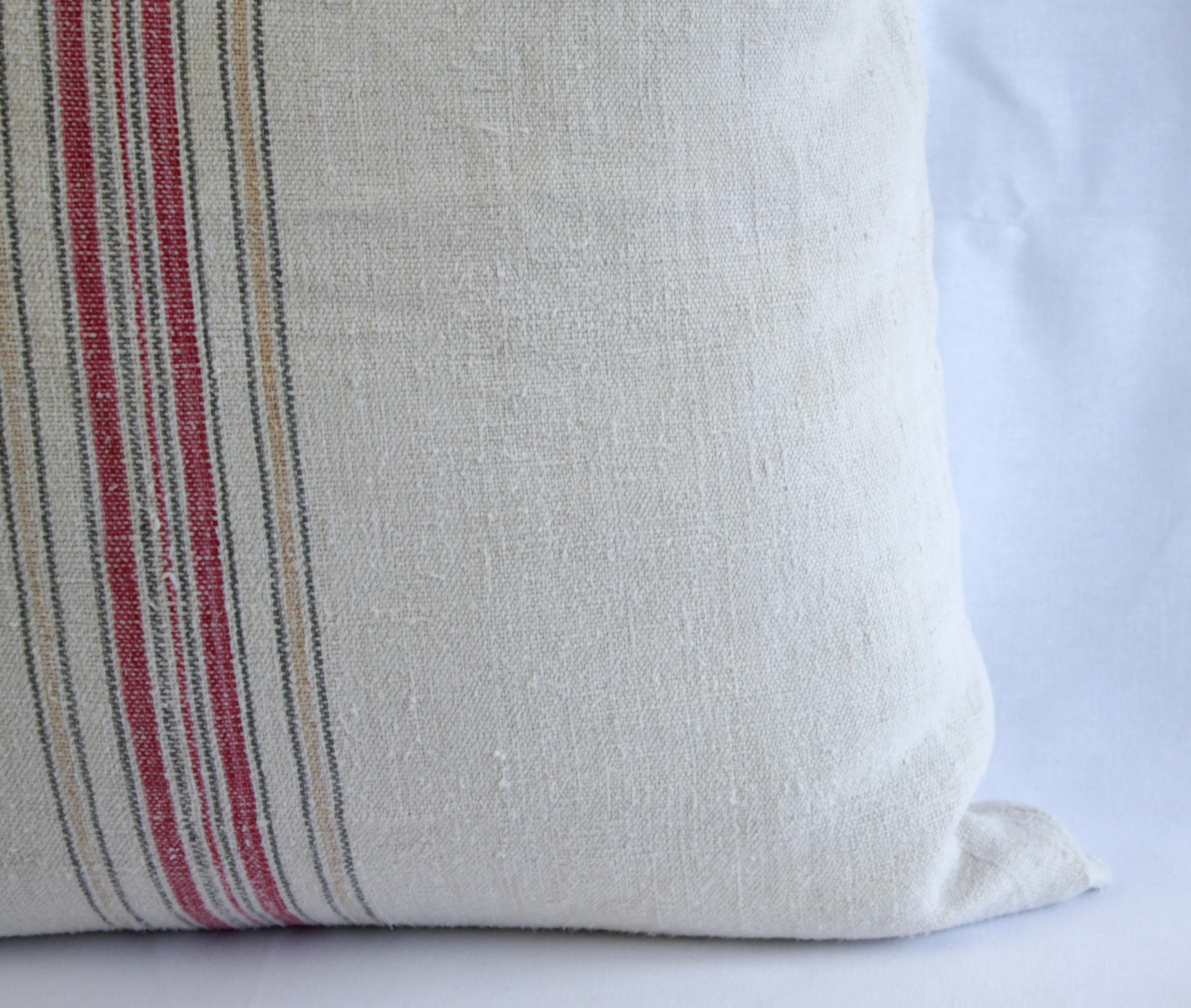 Antique Nubby 19th Century European Red and Tan Stripe Grain Sack Pillows 1