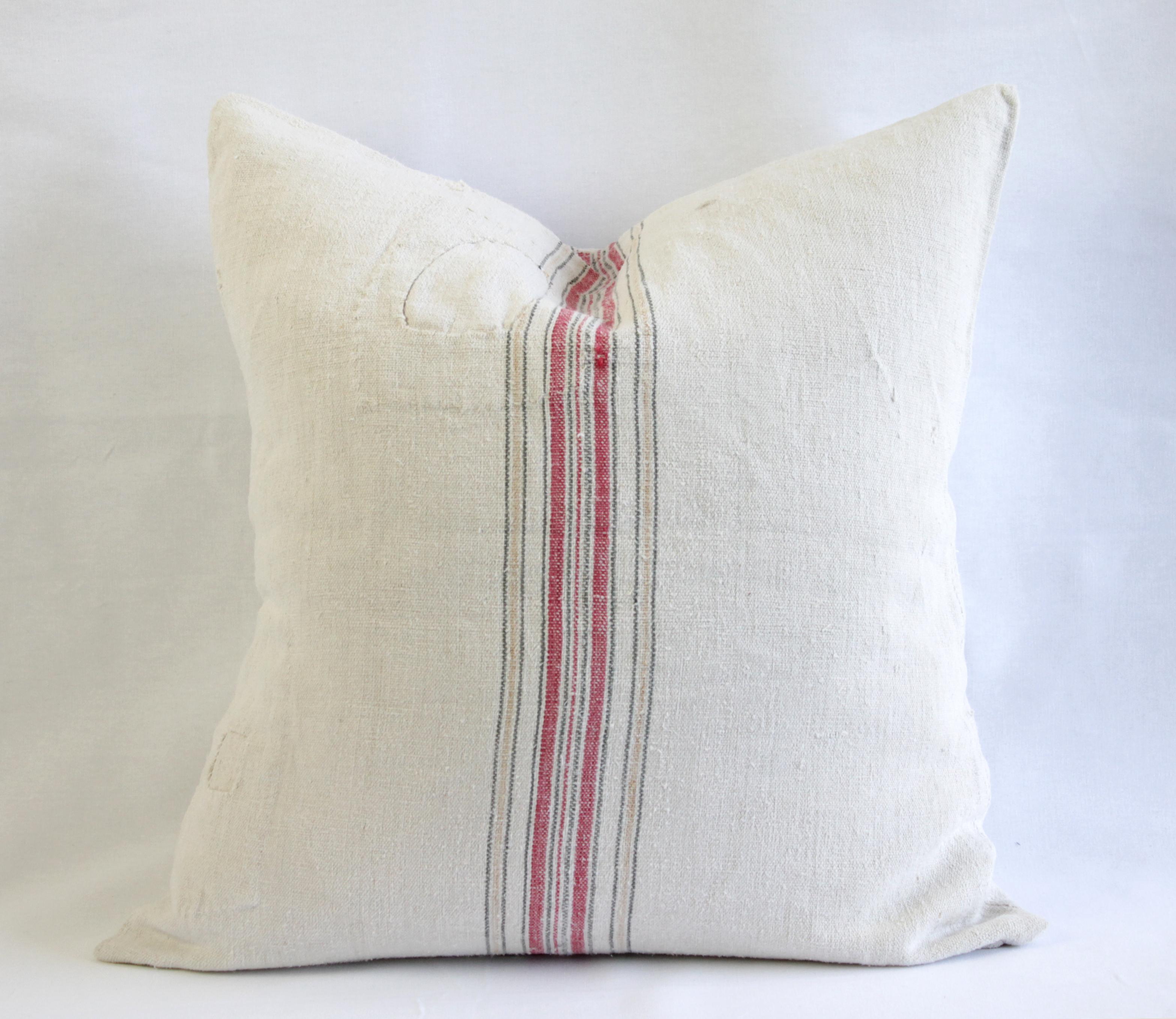 Antique Nubby 19th Century European Red and Tan Stripe Grain Sack Pillows 3
