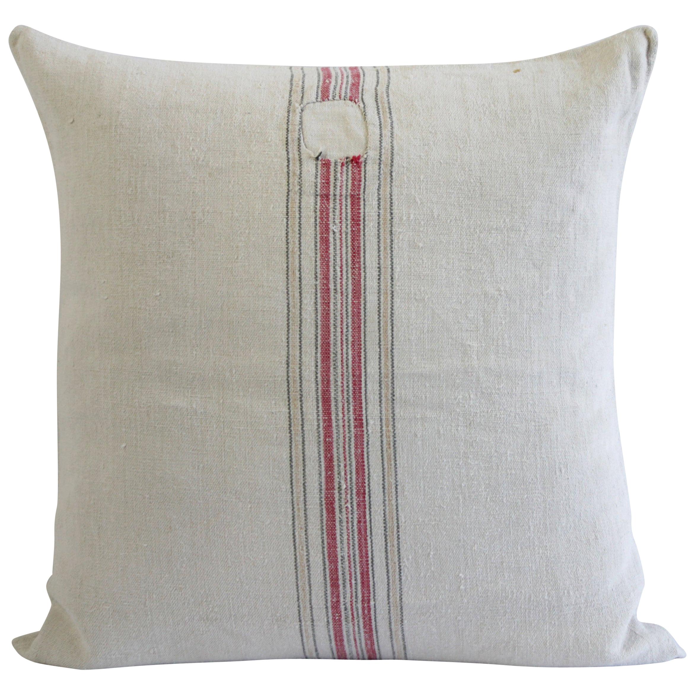 Antique Nubby 19th Century European Red and Tan Stripe Grain Sack Pillows