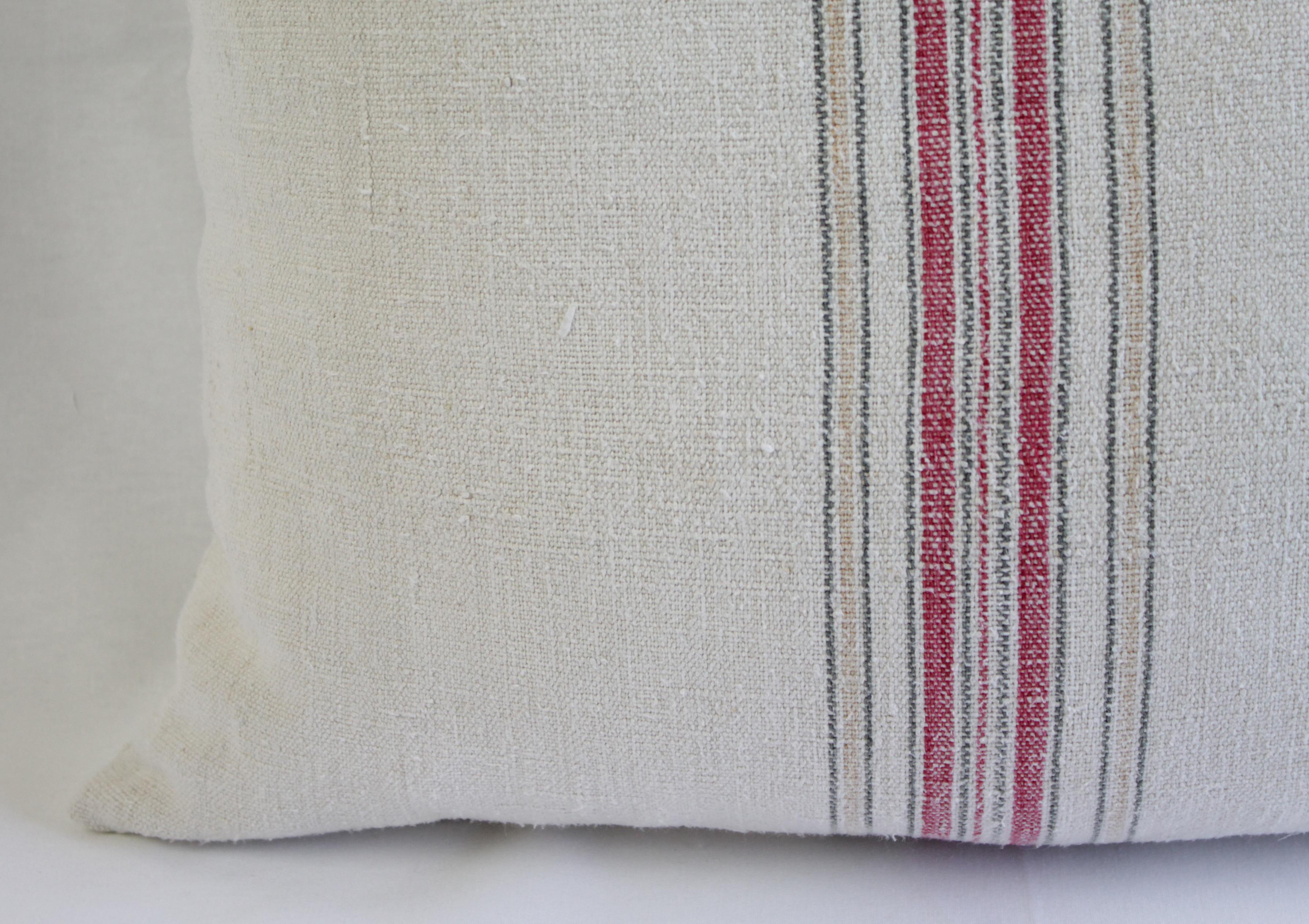Antique Nubby 19th Century European Red and Tan Stripe with a Monogram Pillow 4