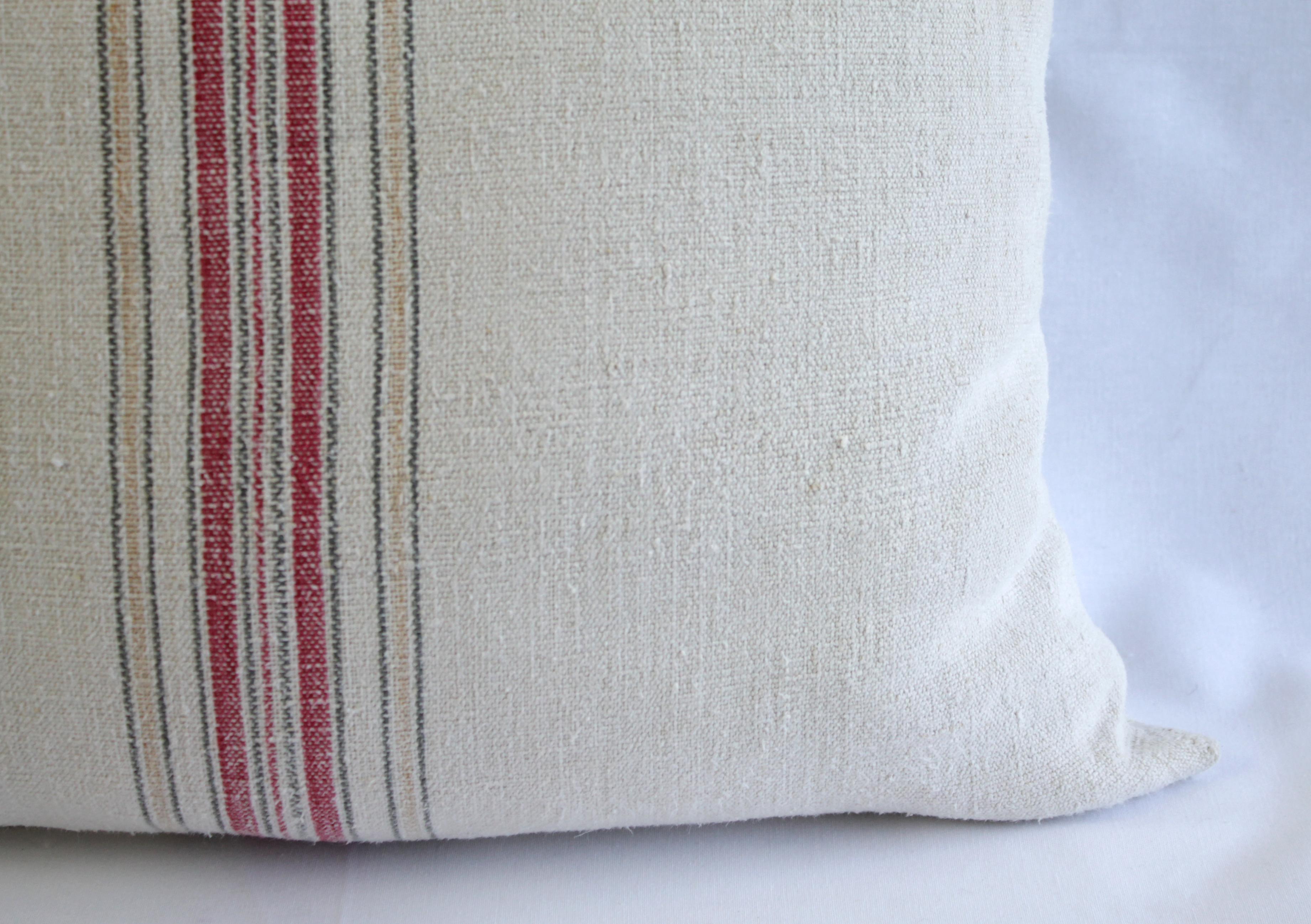 Antique Nubby 19th Century European Red and Tan Stripe with a Monogram Pillow 5