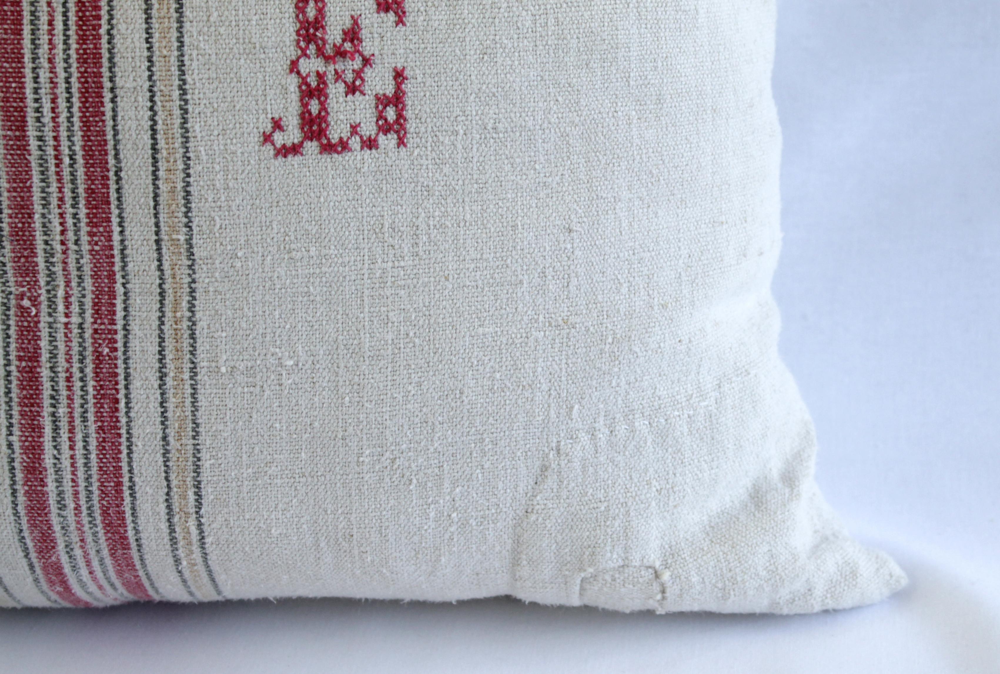 Linen Antique Nubby 19th Century European Red and Tan Stripe with a Monogram Pillow