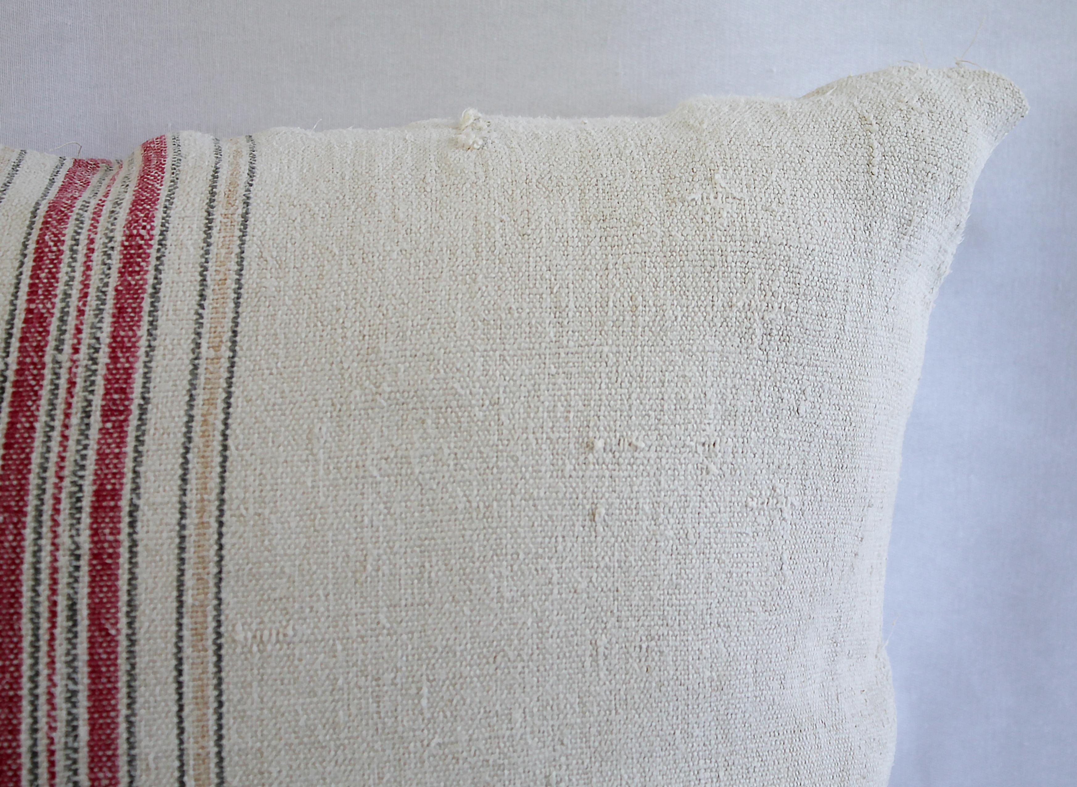 Antique Nubby 19th Century European Red and Tan Stripe with a Monogram Pillow 3