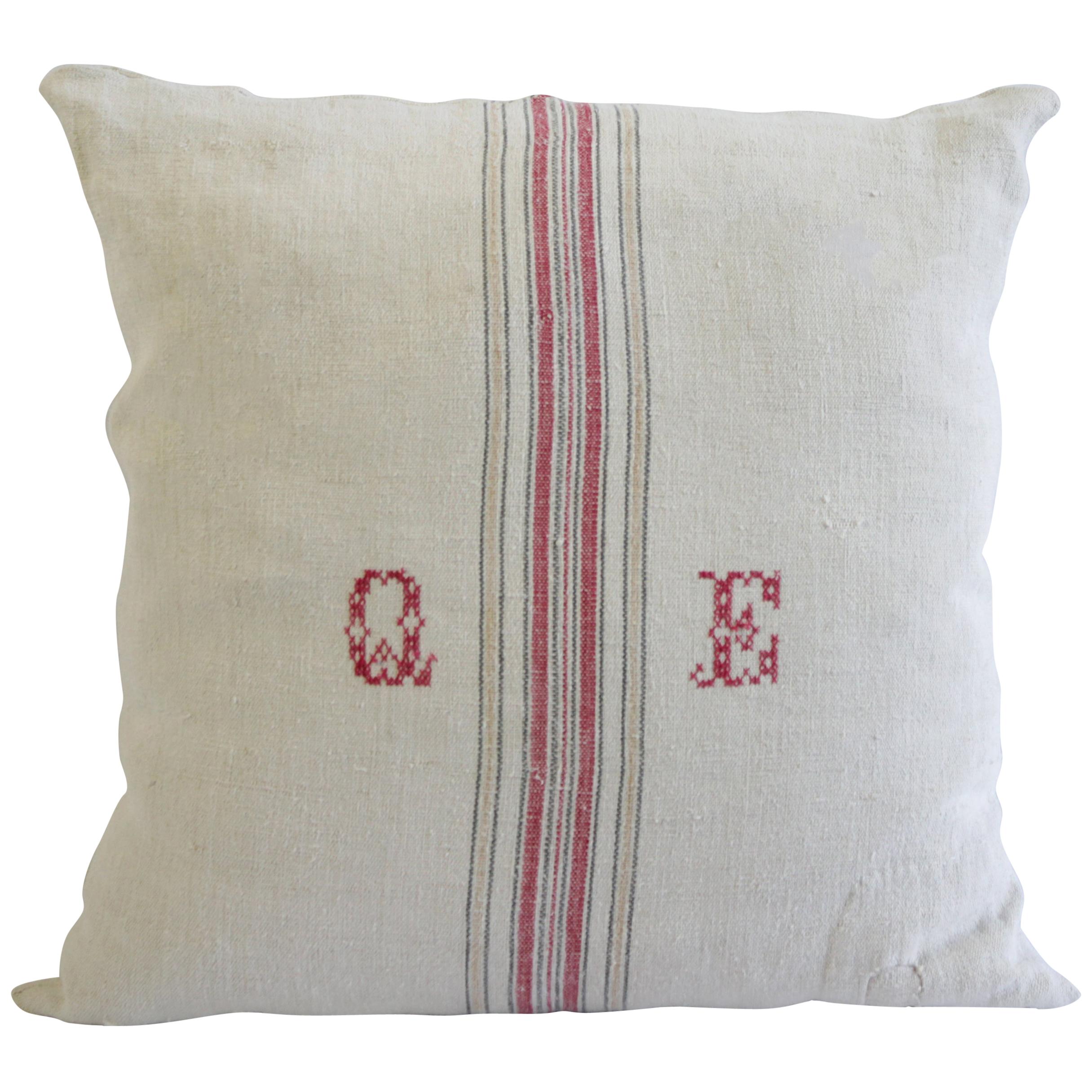 Antique Nubby 19th Century European Red and Tan Stripe with a Monogram Pillow