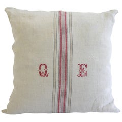 Antique Nubby 19th Century European Red and Tan Stripe with a Monogram Pillow