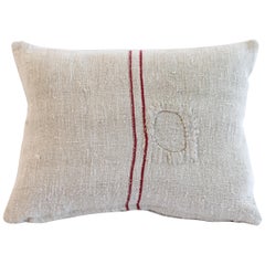 Antique Nubby 19th Century European Red Double Stripe Grain Sack Pillows