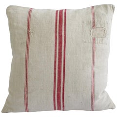 Antique Nubby 19th Century European Red Stripe Grain Sack Pillows