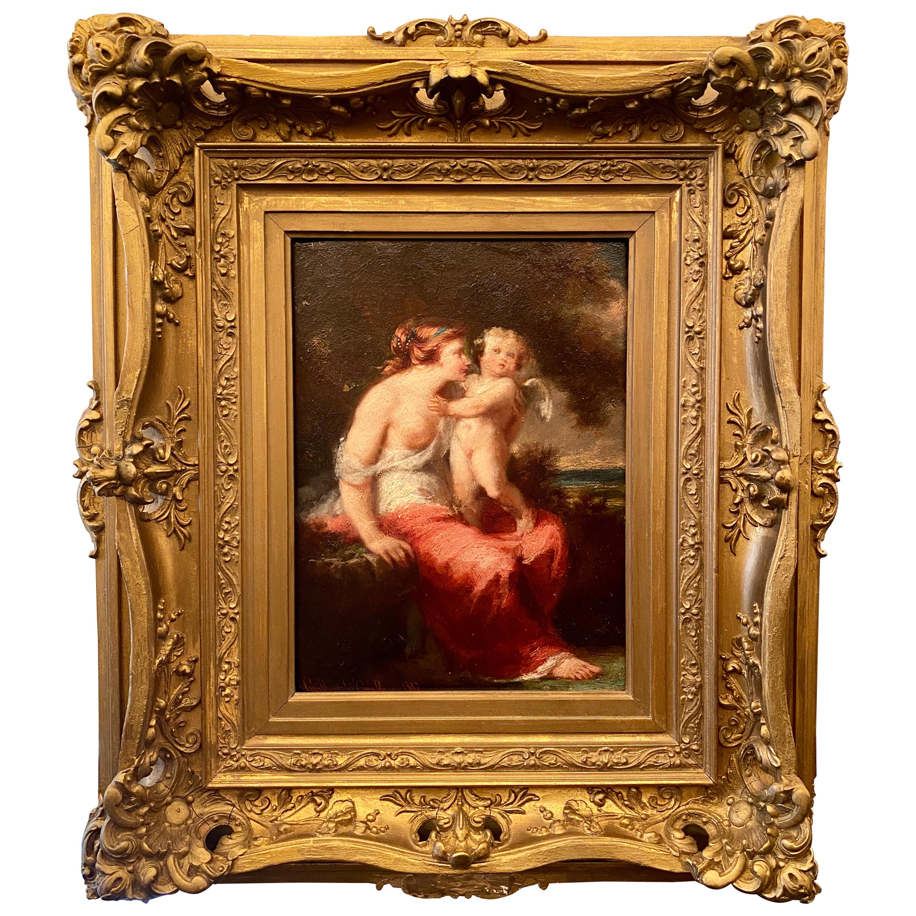 Antique Nude Woman and Cherub Oil Painting on Canvas, Original Frame, circa 1880