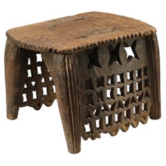 Antique Nupe Carved Wood Stool With Openwork Geometric Design, Niger Africa