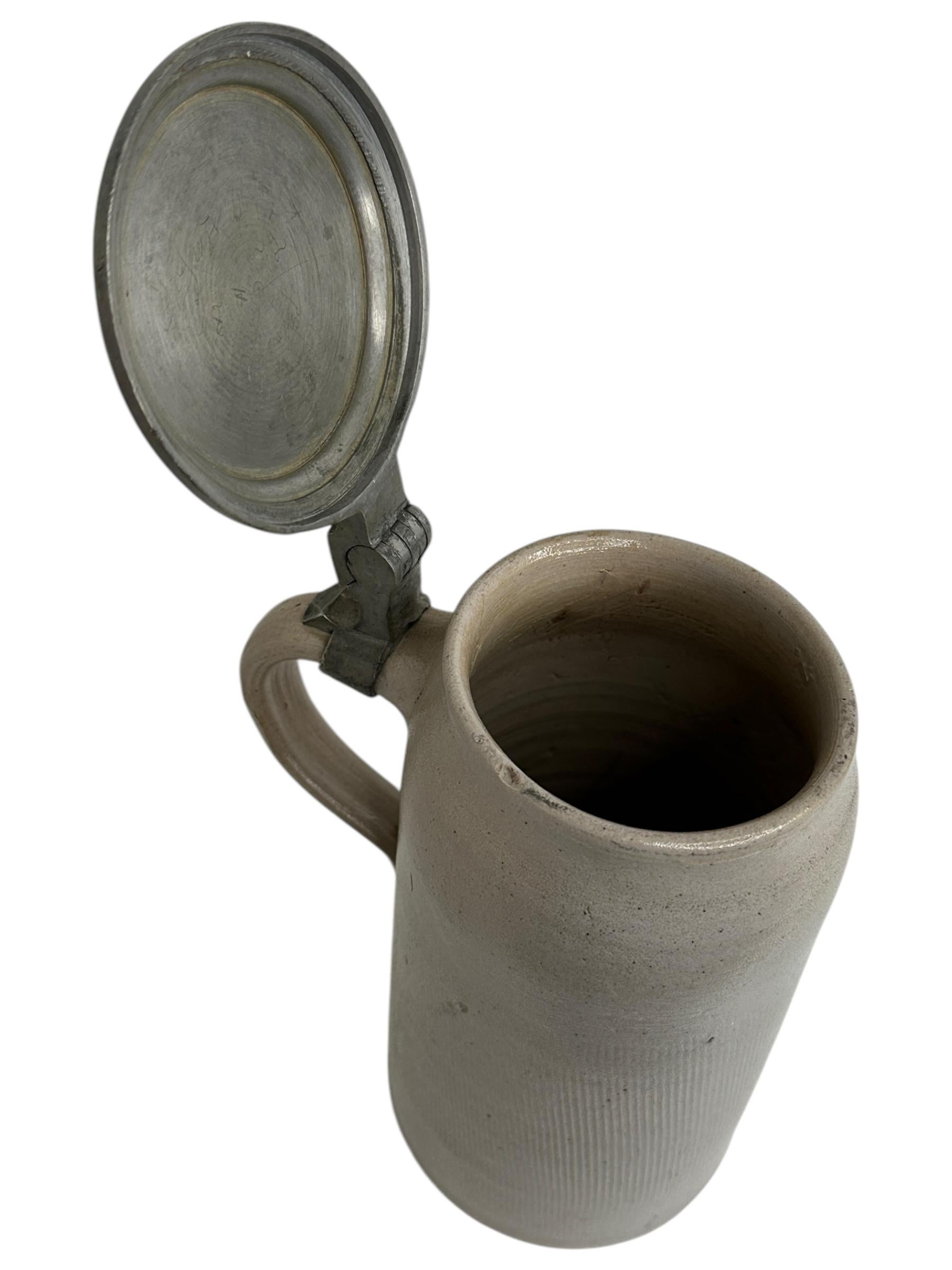 Pewter Antique Nuremberg Brewery Lidded Stoneware Beer Stein, 1891 dated For Sale
