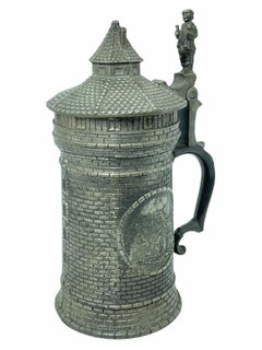 Antique Nuremberg City ​​Wall Tower Lidded Pewter Beer Stein, 1890s