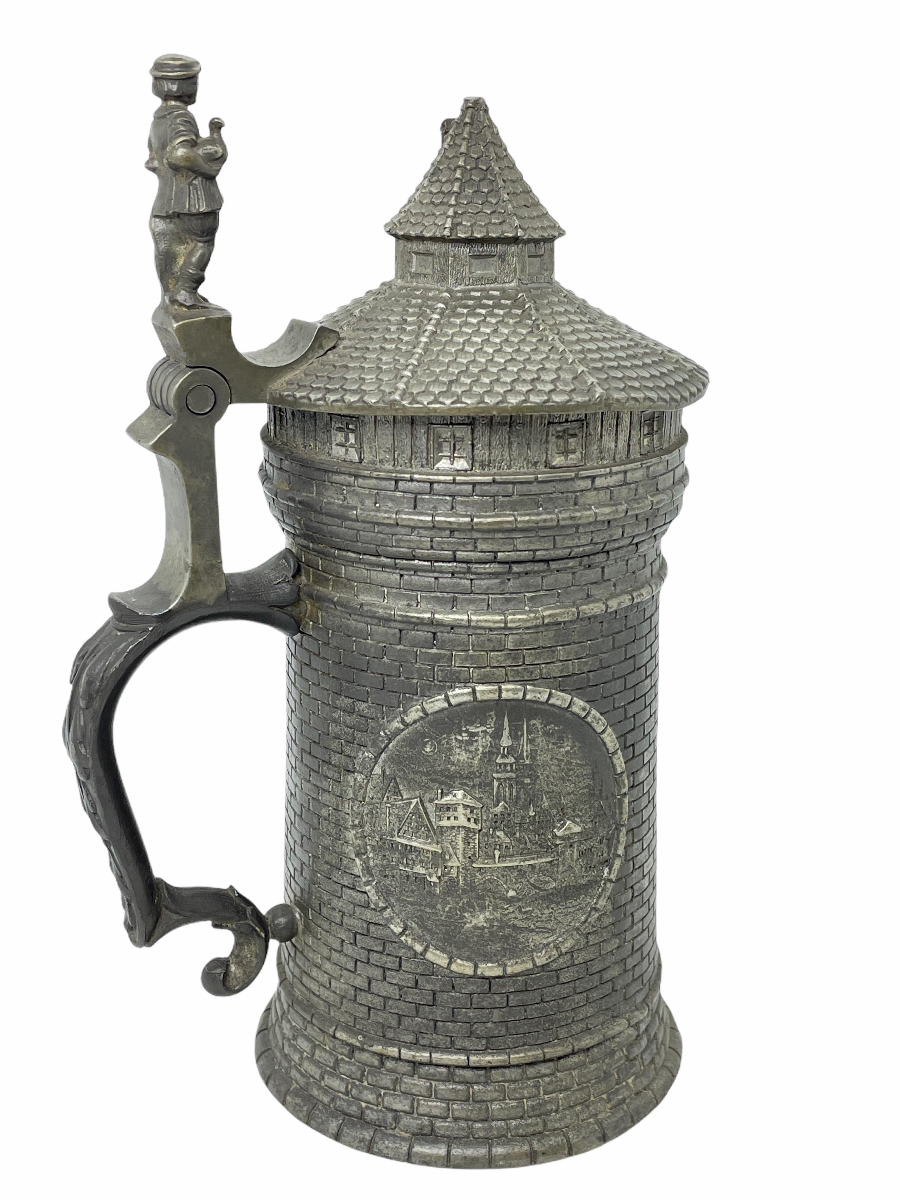 Folk Art Antique Nuremberg City ​​Wall Tower Lidded Pewter Beer Stein, 1890s