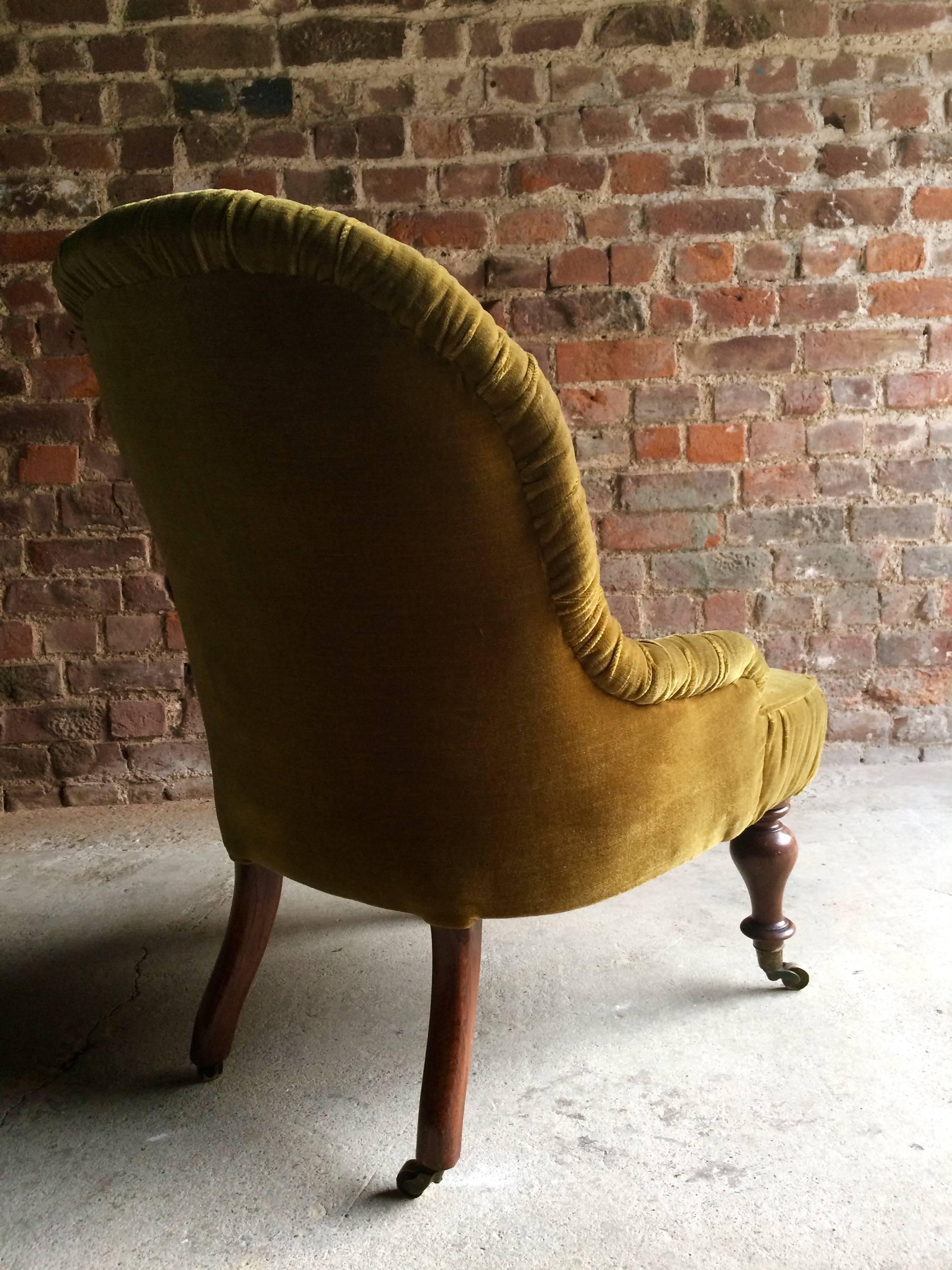 Velvet Antique Nursing Chair Button Back Victorian 19th Century Rosewood Green