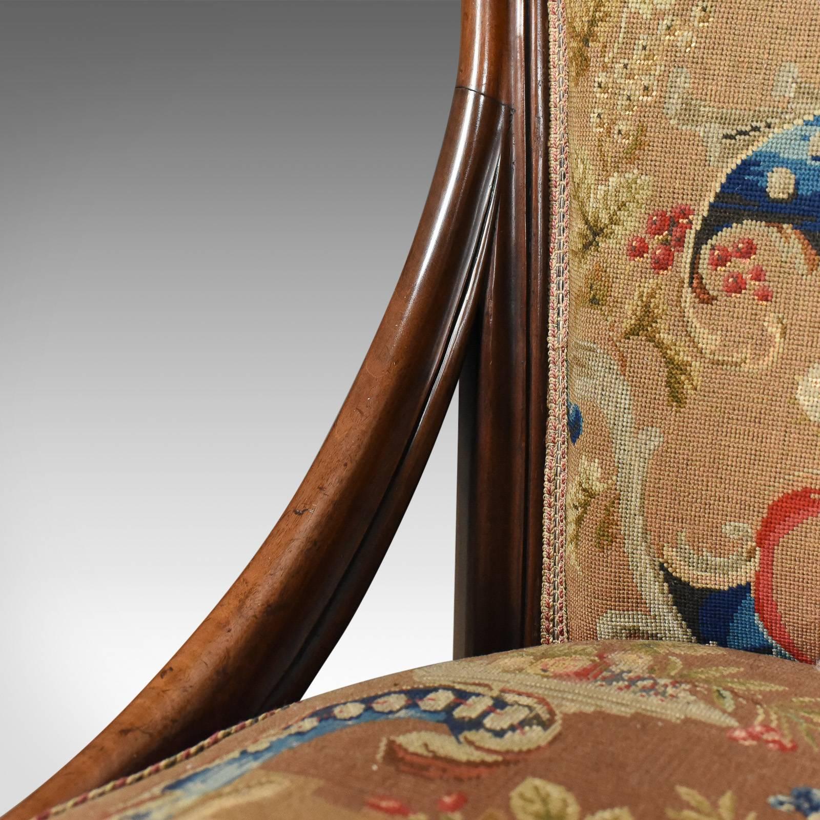 19th Century Antique Nursing Chair, English Walnut Needlepoint Tapestry Victorian, circa 1840