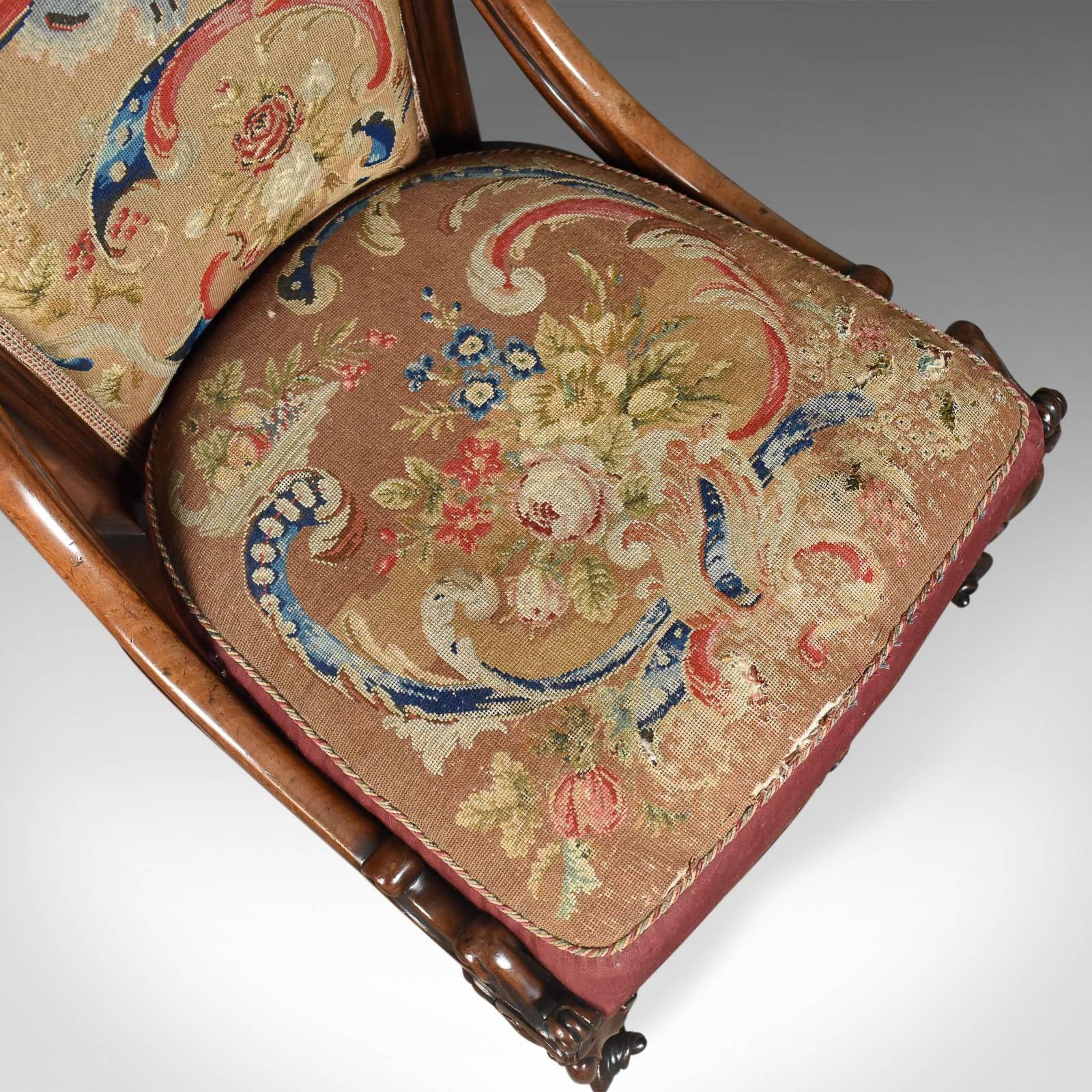 Antique Nursing Chair, English Walnut Needlepoint Tapestry Victorian, circa 1840 1