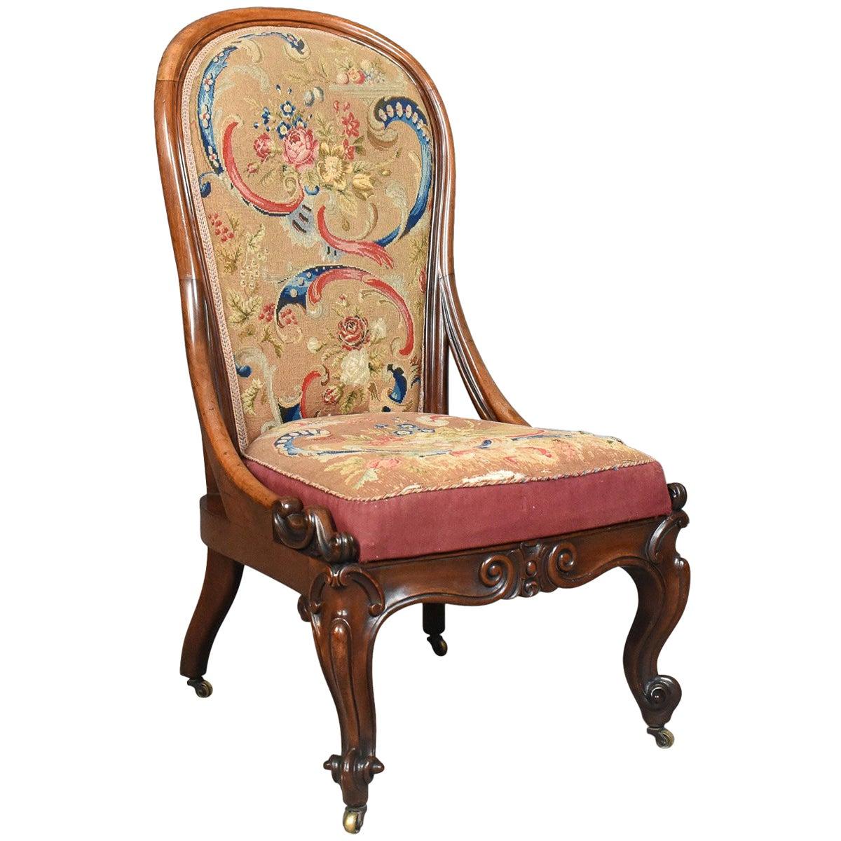 Antique Nursing Chair, English Walnut Needlepoint Tapestry Victorian, circa 1840